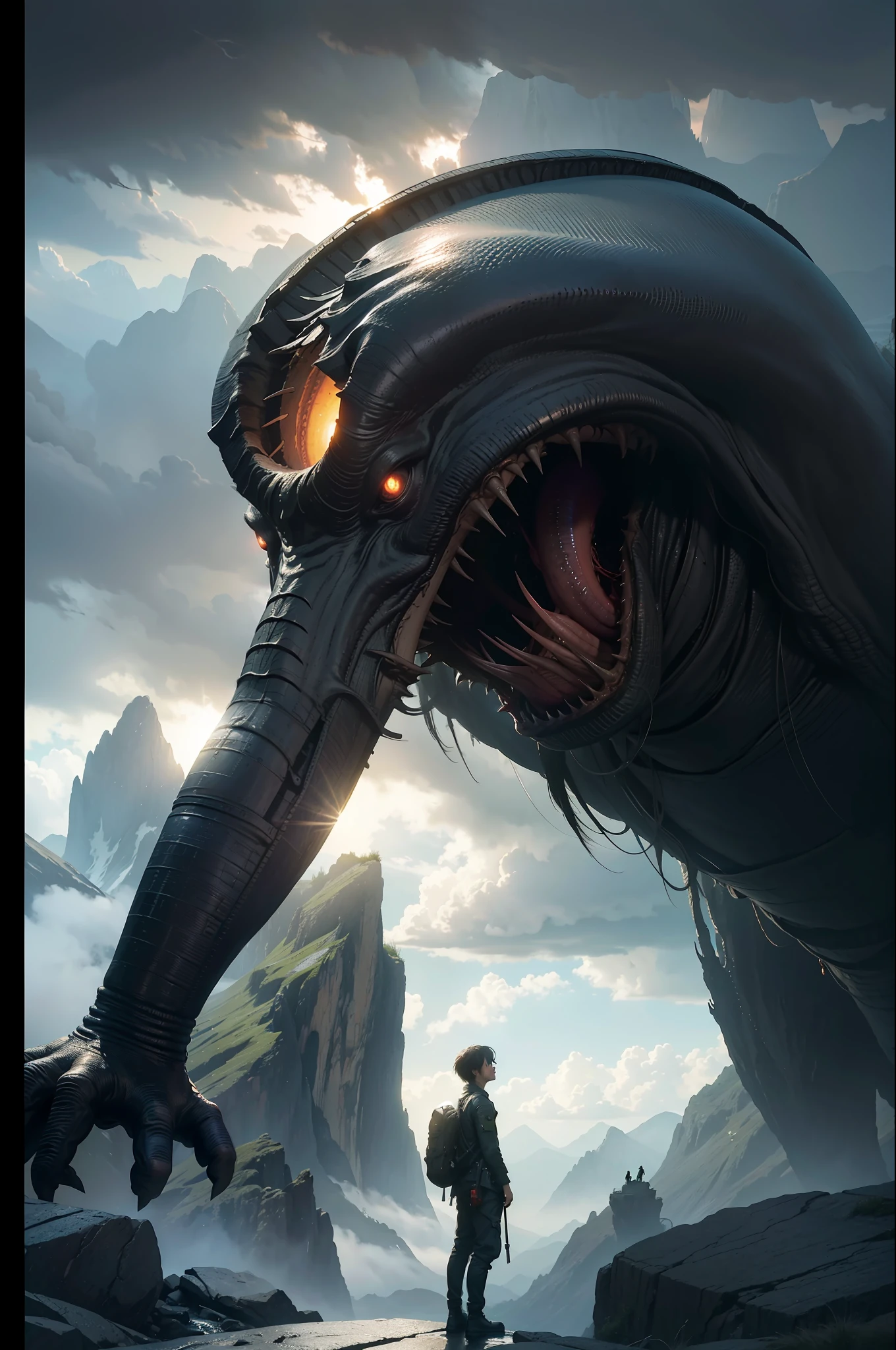 Volumetric lighting, ultra-high definition super detailed matte painting of mountain views, showing a character looking at a huge alien monster, written by Makoto Shinkai, Artgerm, wlop and Greg Rukowski, 4K resolution, octane rendering, at the top of the trend on artstation, is a masterpiece.