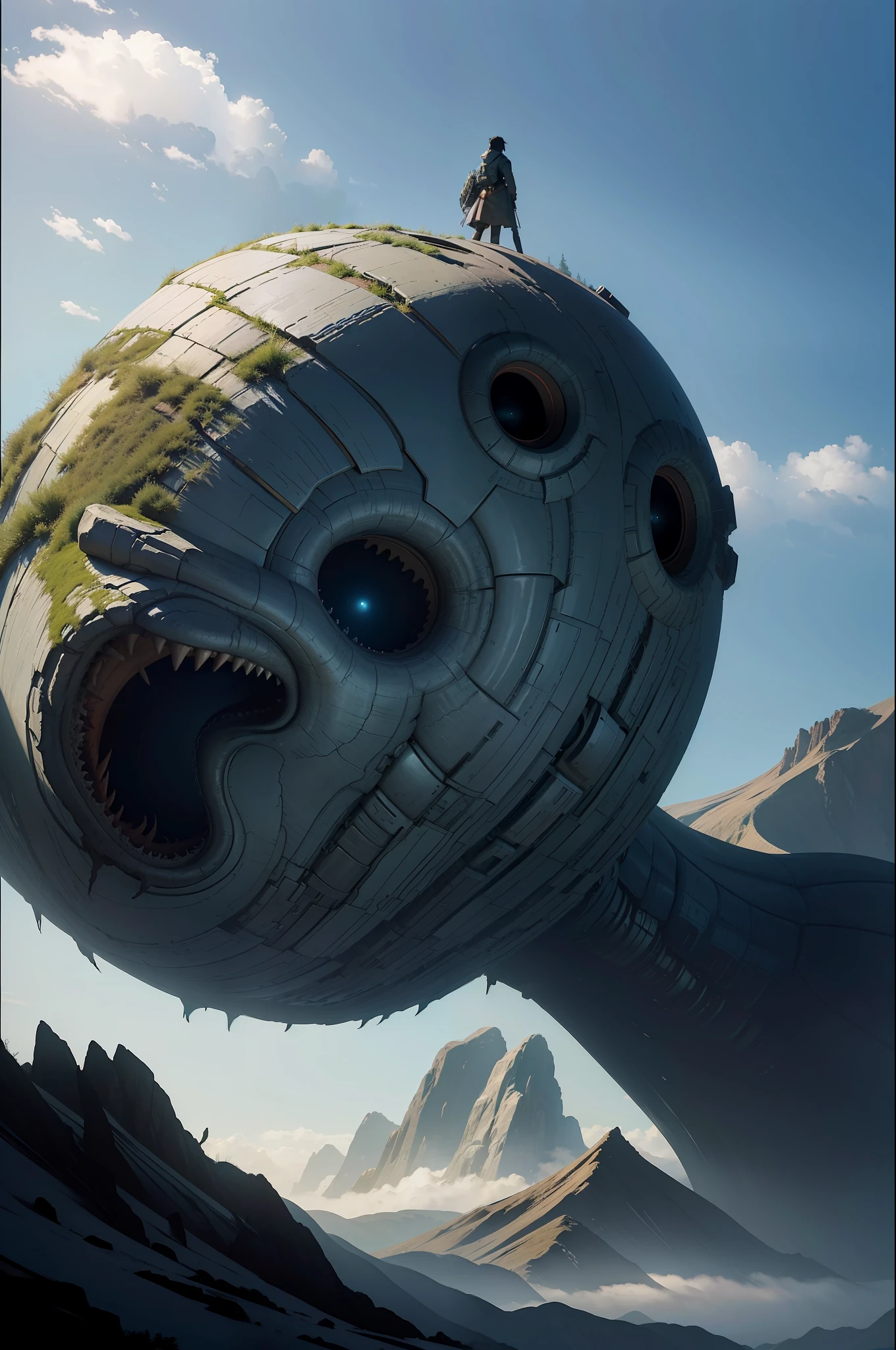 Volumetric lighting, ultra-high definition super detailed matte painting of mountain views, showing a character looking at a huge alien monster, written by Makoto Shinkai, Artgerm, wlop and Greg Rukowski, 4K resolution, octane rendering, at the top of the trend on artstation, is a masterpiece.
