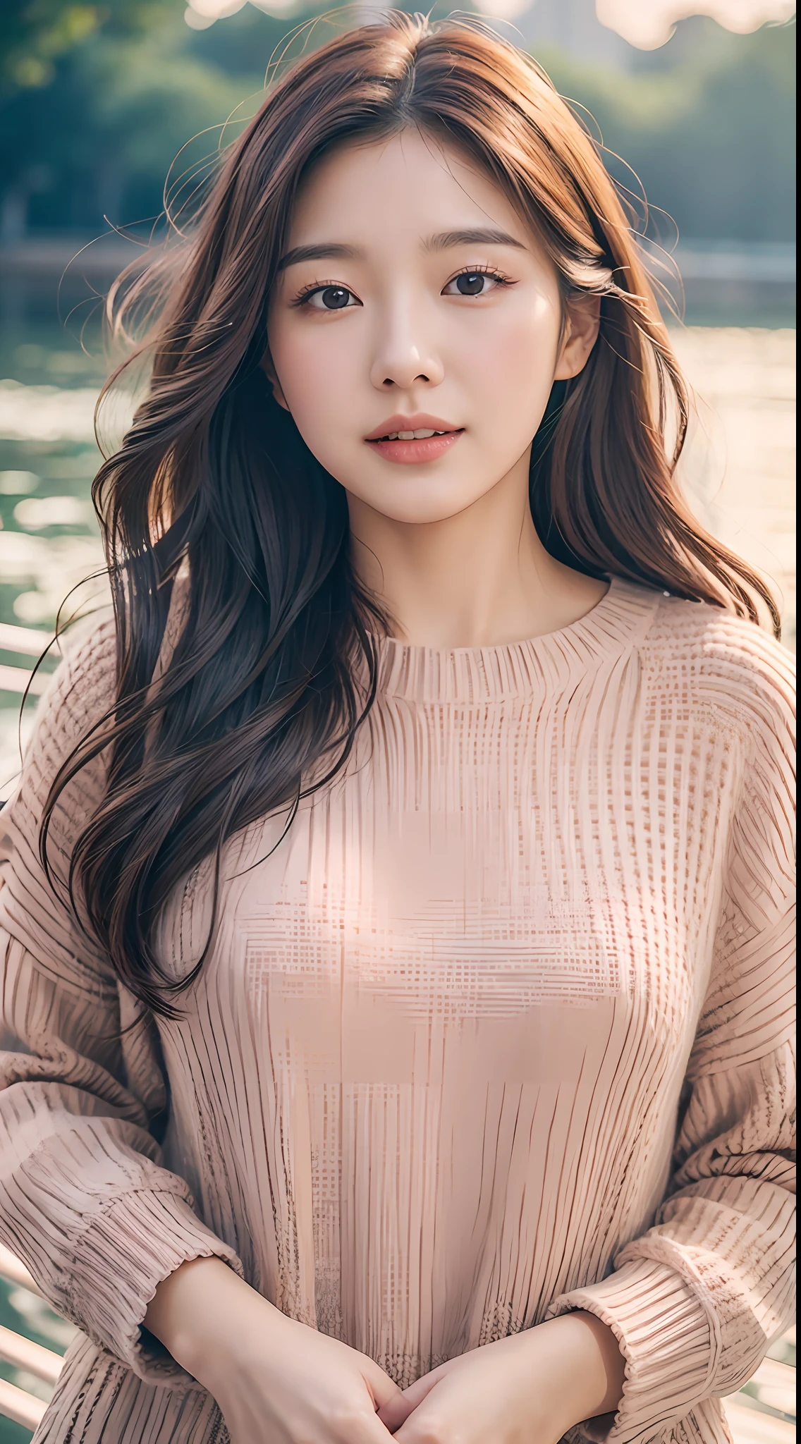 1 mature gentle woman walking on the river, 23 years old, round chin, double eyelids, smile, mix 4, sweater, pillow, lips, open_mouth, realism, photo_\(medium), solo, stuffed_animal, stuffed_toy, teddy_bear, (masterpiece), (realistic: 1.3), ultra detail, (high detail skin: 1.2), (best quality: 1.0), (super high resolution: 1.0), (ulzzang-6500:0.3), wavy detail hair, long hair, sunshine, (beautiful detail makeup), (sexual arousal blush heavy breath: 1.0), floral theme petals scattered, (soft glow flood: 0.5)