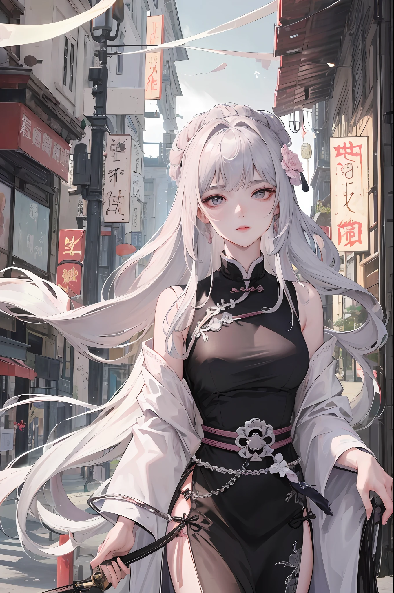 Masterpiece, Best Quality, Night, Full Moon, 1 Girl, Mature Woman, Chinese Style, Ancient China, Sister, Royal Sister, Cold expression, expressionless face, Silver white long haired woman, Light pink lips, Calm, Intellectual, Three belts, Gray pupils, Assassin, Short knife, Flower ball background, Strolling in the street scenery