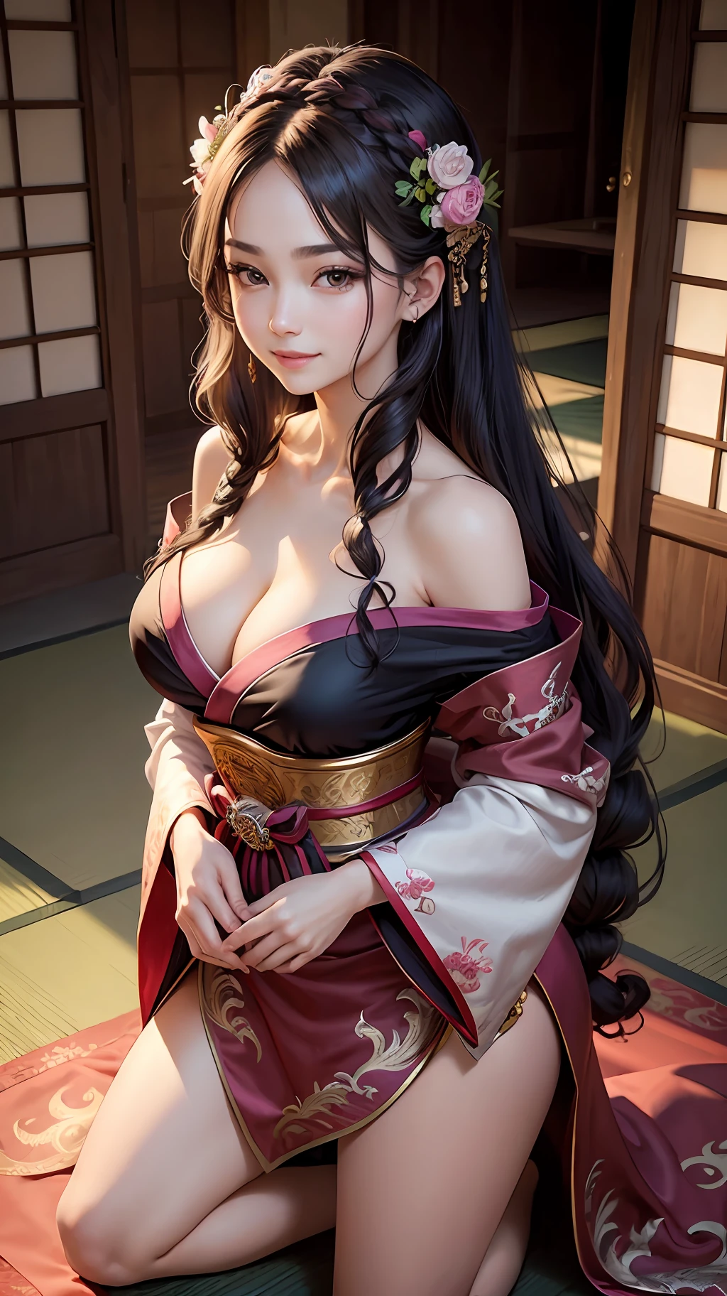 (Masterpiece: 1.2), (Best Quality: 1.2), Perfect Eyes, Perfect Face, Perfect Lighting, 1girl, Mature Woman Wearing JLFD, Long Black Hair, Messy Crown Braid, Standing With Hands on Knees, Bare Shoulders, Cleavage, JLFD, Pink Silk, Dragon Pattern, Embroidery, Smile, Detailed Japan Traditional Japan Indoor Background