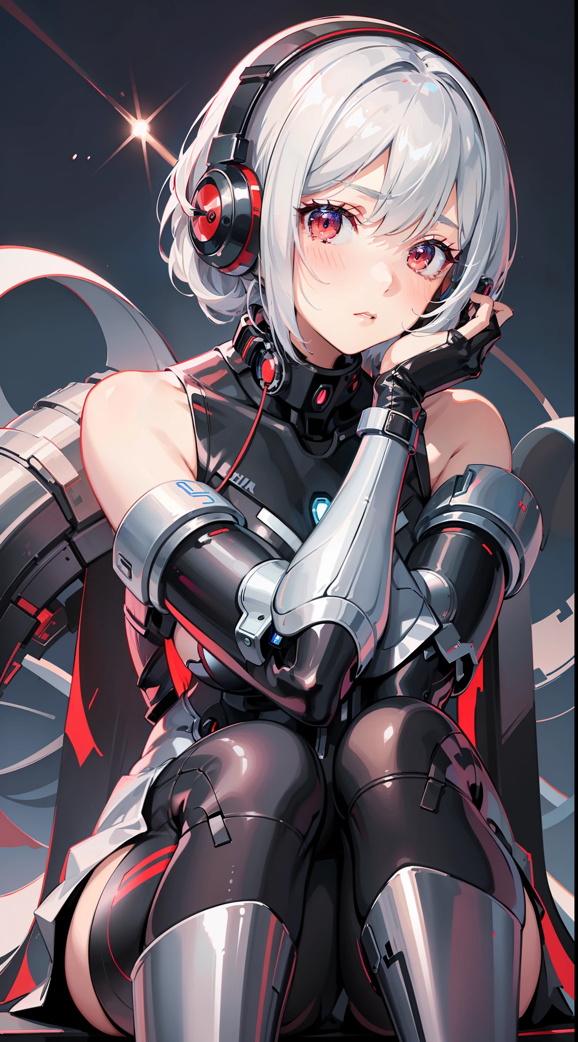 1 girl closeup, android, gynoid, mecha girl, headphones, spherical joint, silver hair, red eyes, bob cut, braid, sitting, hands on their face, embarrassed, blush, concept art, beautiful anime scene, beautiful anime scenery, top rated on pixiv, best quality, 4K