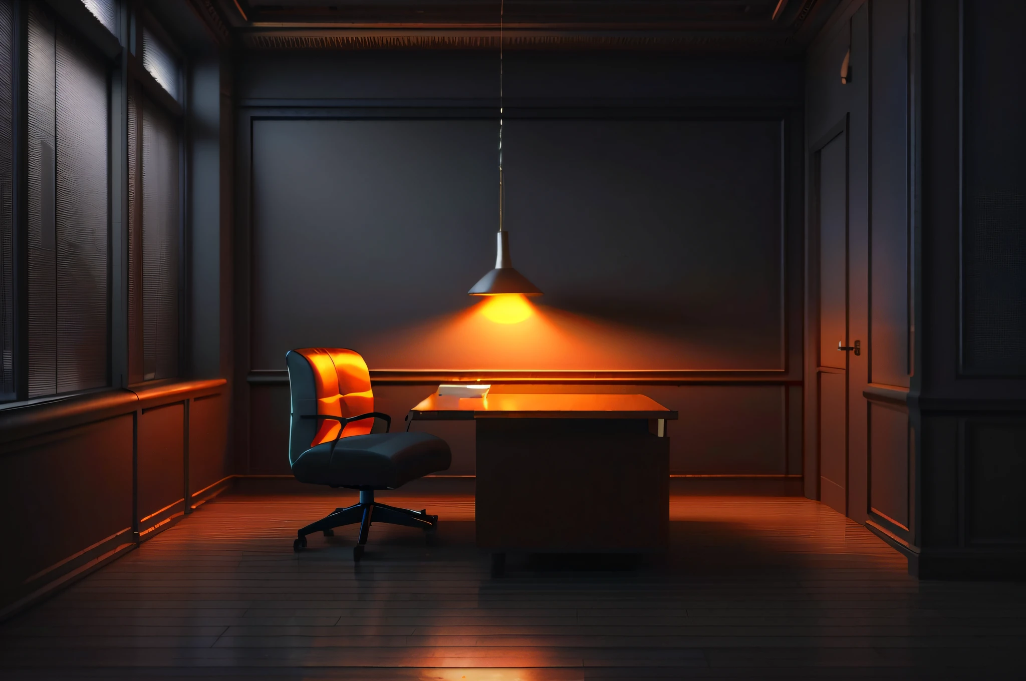 a dimly lit office with a desk and chair in a dark room, dramatic lighting render, personal room background, well lit 3 d render, office background, rendered lighting, 3 d render even lit, realistic cinema 4 d render, dimly lit interior room, corner office background, in style of 3d render, interior background art, cinematic accent lighting --auto --s2