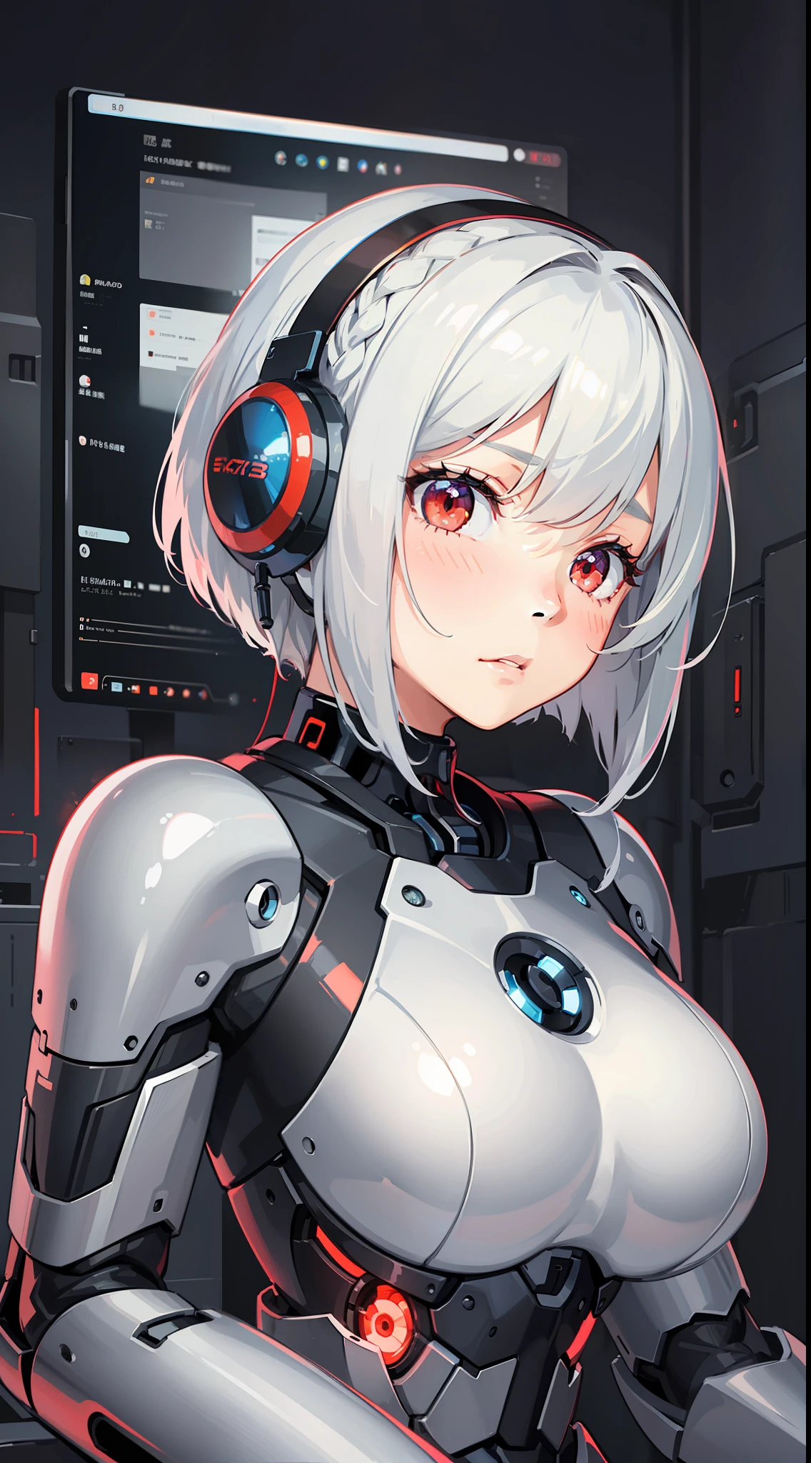 1 girl closeup, android, gynoid, mecha girl, headphones, spherical joint, silver hair, red eyes, bob cut, braid, sitting, hands on their face, embarrassed, blush, concept art, beautiful anime scene, beautiful anime scenery, top rated on pixiv, best quality, 4K