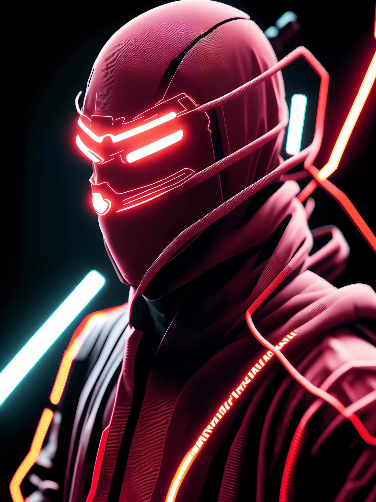 (close-up of a Neon Ninja wearing a red mask) surrounded by a black background; The depth of the lens is moderate, and white photoelectric lines looming over his mask, indicating that he is in the midst of intense action; The character's facial contours are distinct, and the chin is short, revealing fortitude and majesty as a "Ninja"; Nervous brows and sharp eyes full of determination; The right hand casually rests on the large ball to deliberately present the Neon style, and there is a close-up of a large ball in the middle of the room, the ball looks transparent, but it seems to be an irregular solid surface covered with weakened lines; and close-up of electronic devices, the equipment is in a dark black tone, revealing a sense of technology, wrapped in scattered light, presenting the feeling of being in a standby state.