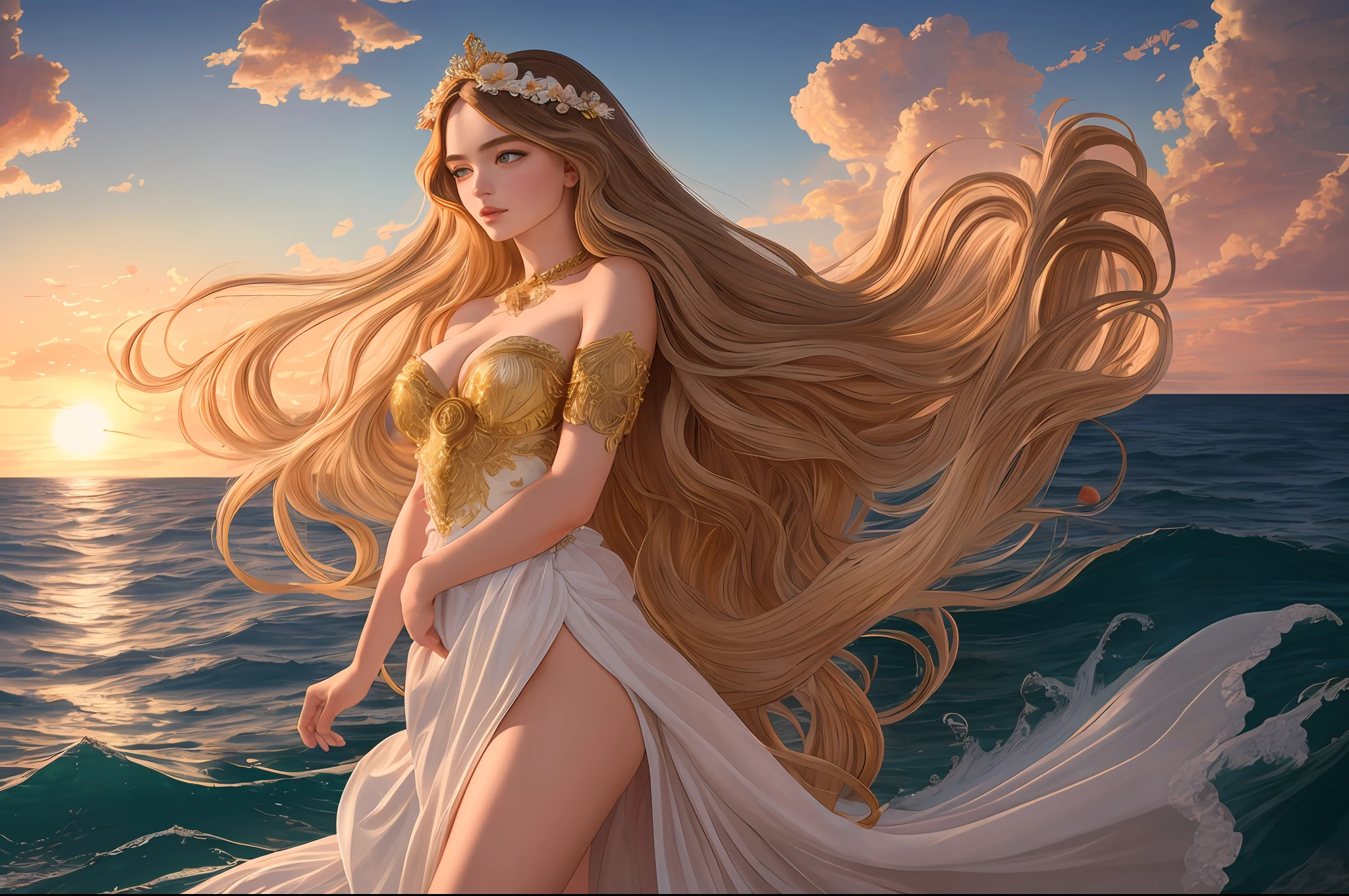 The birth of Venus, 1girl, kendell jenner, miranda kerr,goddess aphrodite,with white dress(Pierre-Auguste Renoir:1.1), (filigree), nude,(super long hair:1.6), ocean, wavy hair, curly hair, flowers,(sandro botticelli:1.2), huge scallop, standing in seawater, sunset, back light, strong edge light, (soil: 1.4), (raw photo: 1.2), (photorealistic: 1.4), nsfw, best quality, masterpiece, illustration, an extremely delicate and beautiful, extremely detailed, CG, unit, 8k wallpaper, amazing, fine details, masterpiece, best quality, official art, extremely detailed CG unit 8k wallpaper, absurd, incredibly absurd, huge file size, ultra-detailed, highres, extremely detailed,