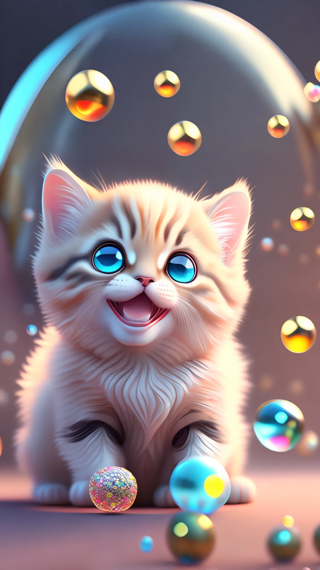 A cute kitten, big eyes, made of crystal balls, open mouth, laughter, Morandi color system, highly detailed complex concept art trend with low-poly eyes ArtStation 8K, laughing !!