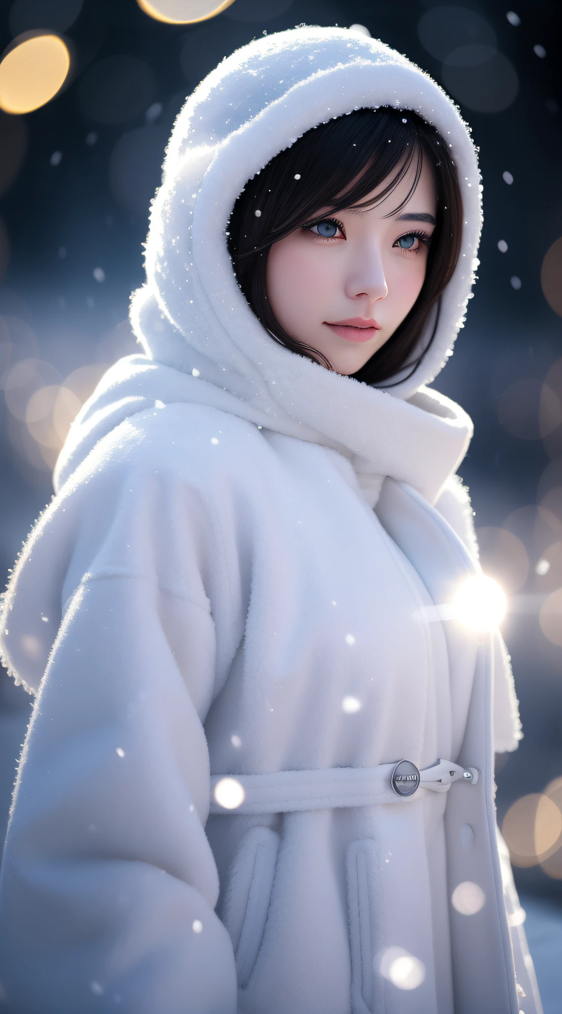 coldworld future lady snow winter aiartwork beautifulgirl beautifulwoman coldwinter snowing technology, depht-of-field, bokeh, (frontlighting:1.2), (backlighting:0.75), (fill light:0.9), bloom, (light sparkles:1.2), chromatic aberration, (lens flare:1.2),