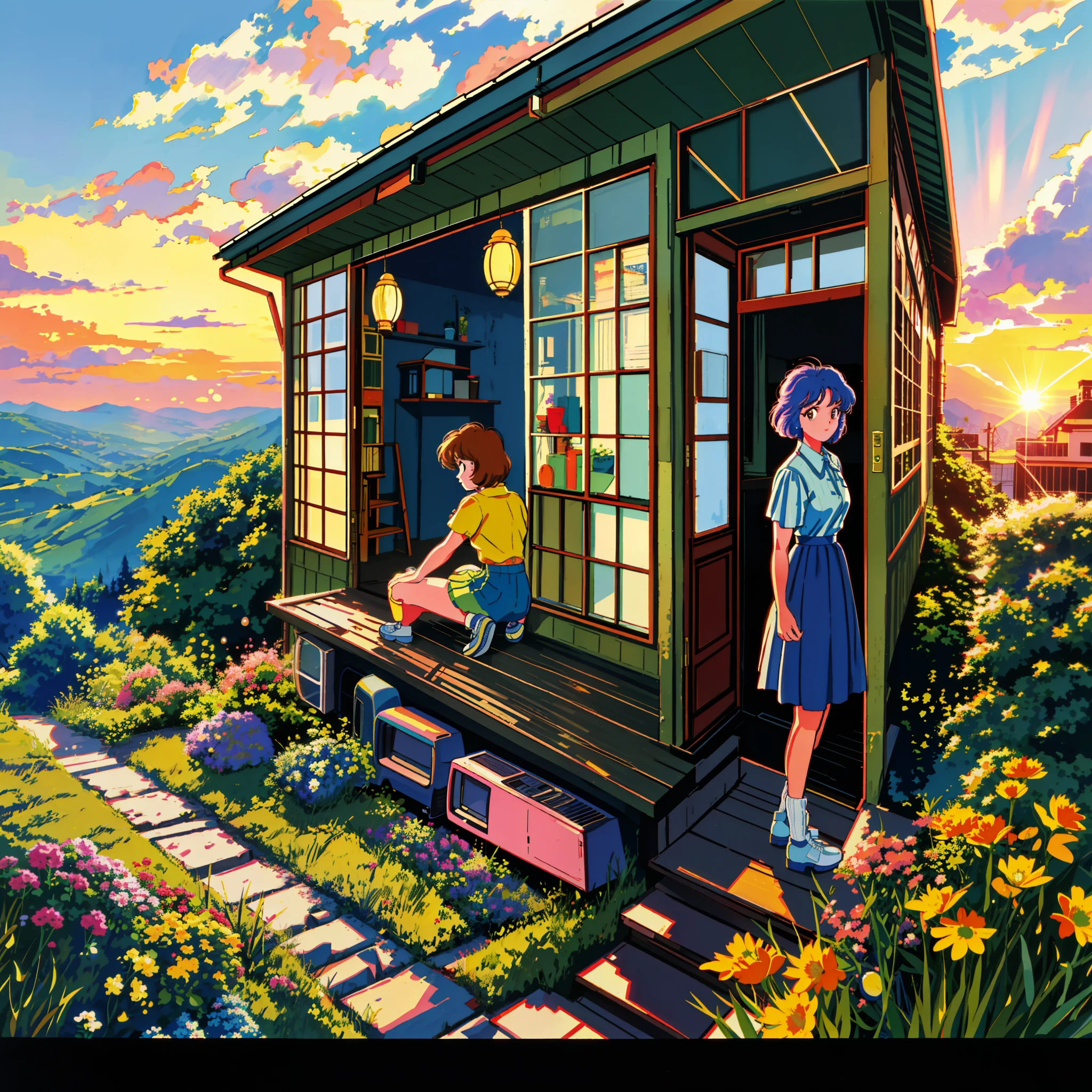Camera angle from behind, in a small house at the top of a hill, a young woman in her early 20s, with 80s styled hair, watches the sunset from the top of the hill, at the porch of her house, wind moves the grass, sky is bright with the sun rays coming from the horizon, a partial rain is still falling, the hair of the girl is taken by the wind, 1980s analogue picture, retro, film grain, (seizo watase style:0.9), the porch is at the picture with a balcony where the girl stands, she looks directly at the sun, view from behind her head, 1980s