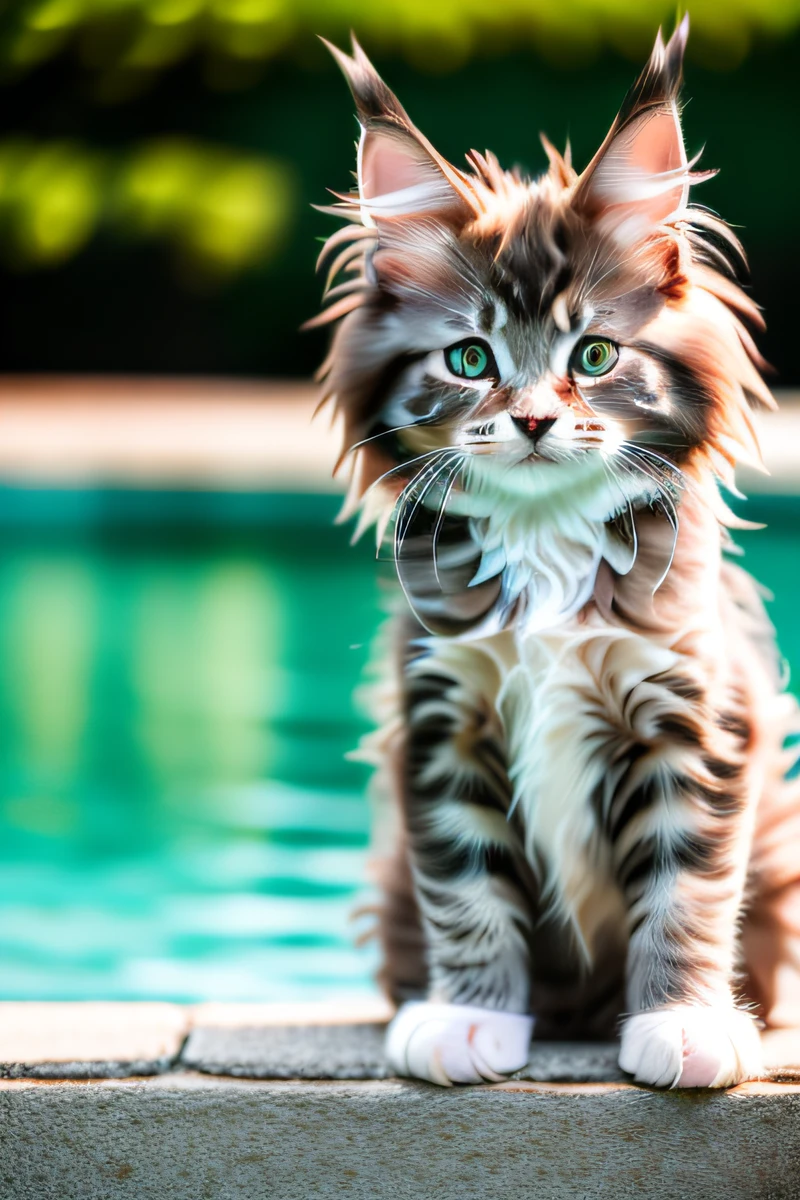 Cute Maine Coon cat kitten,swimming in the pool,barking,narrow eyes,smile,eos r3 28mm