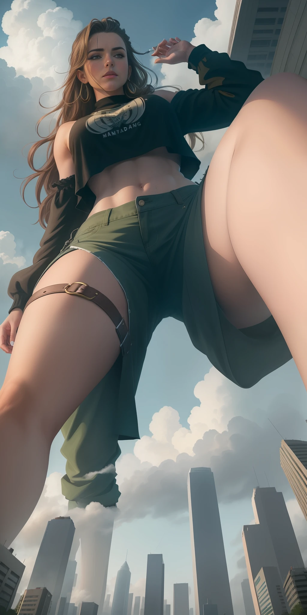 "A towering Giantess in a cool and laid-back hippie style is rocking a crop top and baggy pants. Her toned and athletic build hints at her massive strength. She seems to be casually strolling through the bustling cityscape of GTS City, as towering buildings loom overhead. Smoke and clouds roil around her, adding to the sense of epic scale and drama. The lighting is dark, gloomy, and realistic, creating a tense and ominous atmosphere. The perspective is from below, emphasizing the sheer majesty and power of the Giantess."
