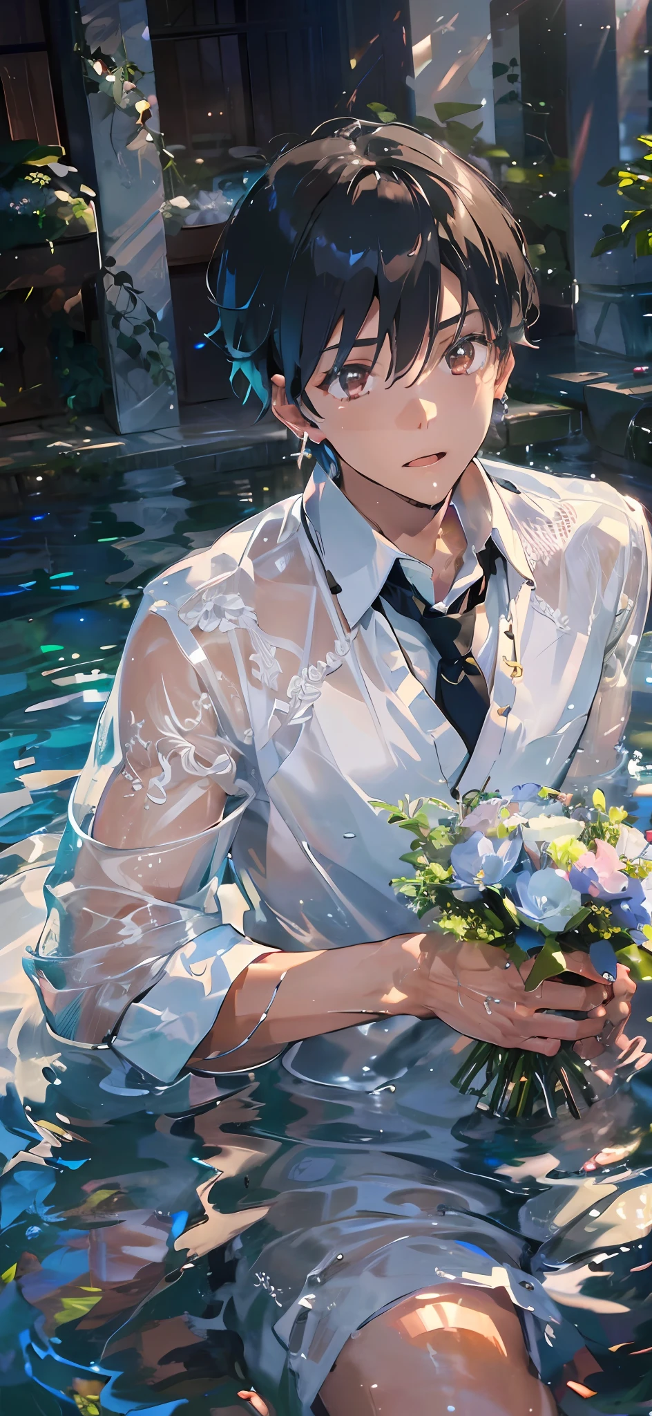 1boy, boy, teenager, young man, physically based rendering, professional lighting, extreme detail, white shirt, bouquet, cross earrings, lying on the water, high brightness, refreshing, soft light --auto --s2