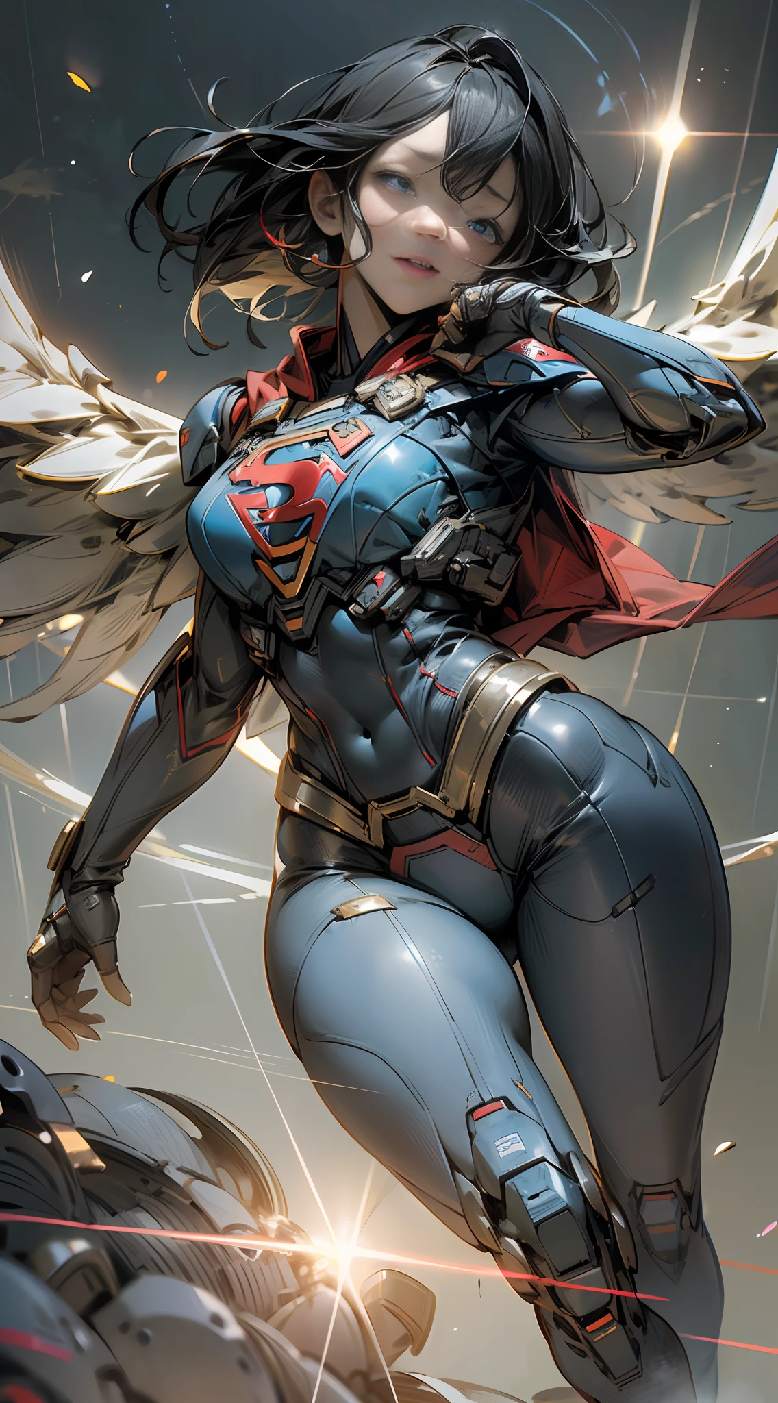 ((Best quality)), ((Supergirl's masterpiece)), (highly detailed:1.3), 3D, beautiful, (cyberpunk:1.2), in space, nebulous, holding_weapon, laser, (1Female mecha blue and red:1.3), sexy body, facing audience, bright blue eyes, full body, blonde, (flying, descending, dynamic, motion blur: 1.4), (huge wings of mechs: 1.6), looking up, glowing_eyes, mecha, panorama, background is earth, nebula, space, particles, Reality, HDR (High Dynamic Range), Ray Tracing, NVIDIA RTX, Super Resolution, Unreal 5, Subsurface Scattering, PBR Textures, Post-Processing, Anisotropic Filtering, Depth of Field, Maximum Clarity and Clarity, Multilayer Textures, Albedo and Specular Maps, Surface Shading, Accurate Simulation of Light-Material Interaction, Perfect Proportions, Octane Render, Two-Tone Lighting, Large Aperture, Low ISO, white balance, rule of thirds, 8K RAW, efficient sub-pixel, sub-pixel volume product, (best quality), (American: 0.5), (Korean: 0.8), (Liu Yi Fei: 1.5) long hair, (large chest: 1.2) using superman's S on the chest. --auto --s2