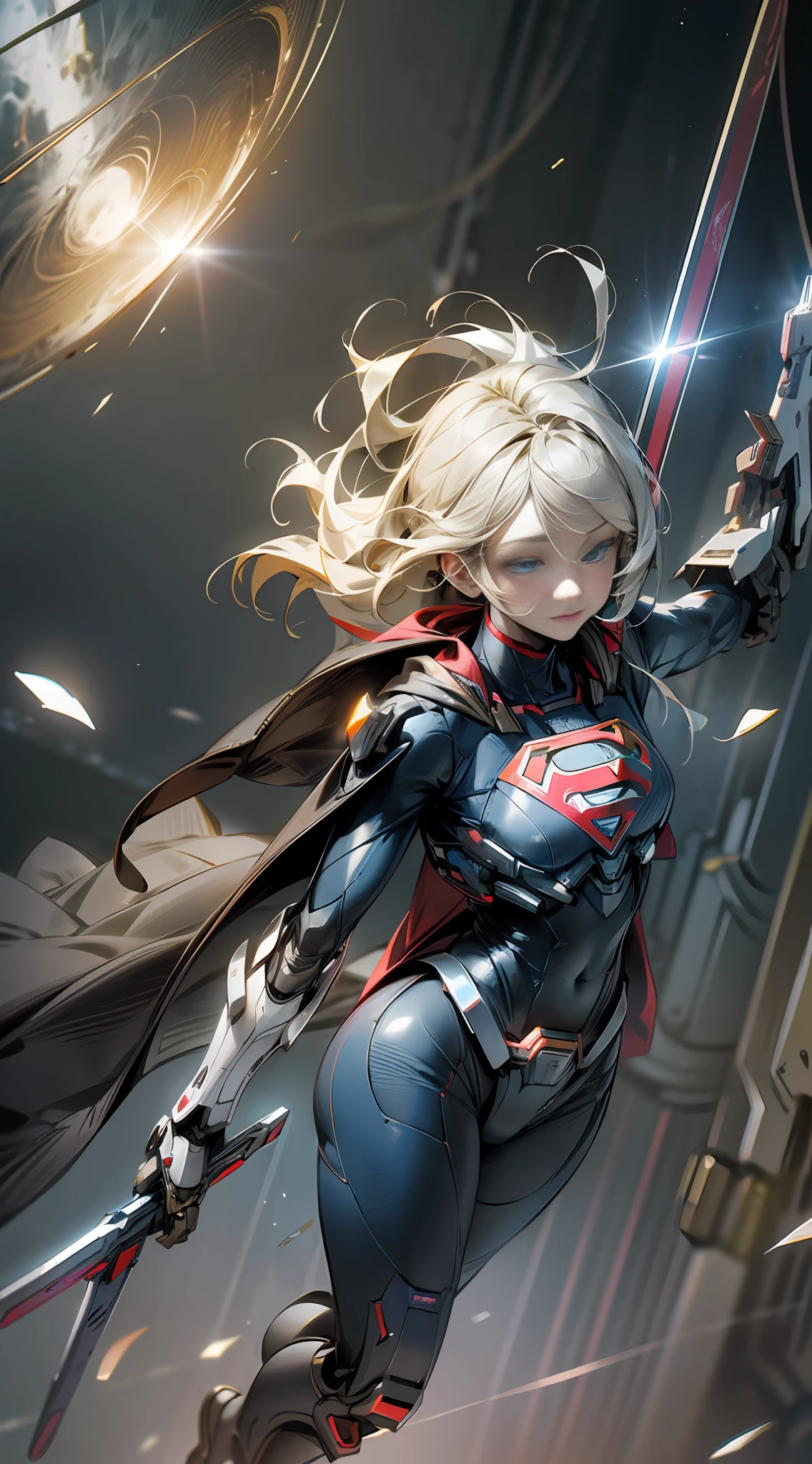 ((Best quality)), ((Supergirl's masterpiece)), (highly detailed:1.3), 3D, beautiful, (cyberpunk:1.2), in space, nebulous, holding_weapon, laser, (1Female mecha blue and red:1.3), sexy body, facing audience, bright blue eyes, full body, blonde, (flying, descending, dynamic, motion blur: 1.4), (huge wings of mechs: 1.6), looking up, glowing_eyes, mecha, panorama,  background is earth, nebula, space, particles, Reality, HDR (High Dynamic Range), Ray Tracing, NVIDIA RTX, Super Resolution, Unreal 5, Subsurface Scattering, PBR Textures, Post-Processing, Anisotropic Filtering, Depth of Field, Maximum Clarity and Clarity, Multilayer Textures, Albedo and Specular Maps, Surface Shading, Accurate Simulation of Light-Material Interaction, Perfect Proportions, Octane Render, Two-Tone Lighting, Large Aperture,  Low ISO, white balance, rule of thirds, 8K RAW, efficient sub-pixel, sub-pixel volume product, (best quality), (American: 0.5), (Korean: 0.8), (Liu Yi Fei: 1.5) long hair, (large chest: 1.2) using superman's S on the chest. --auto --s2