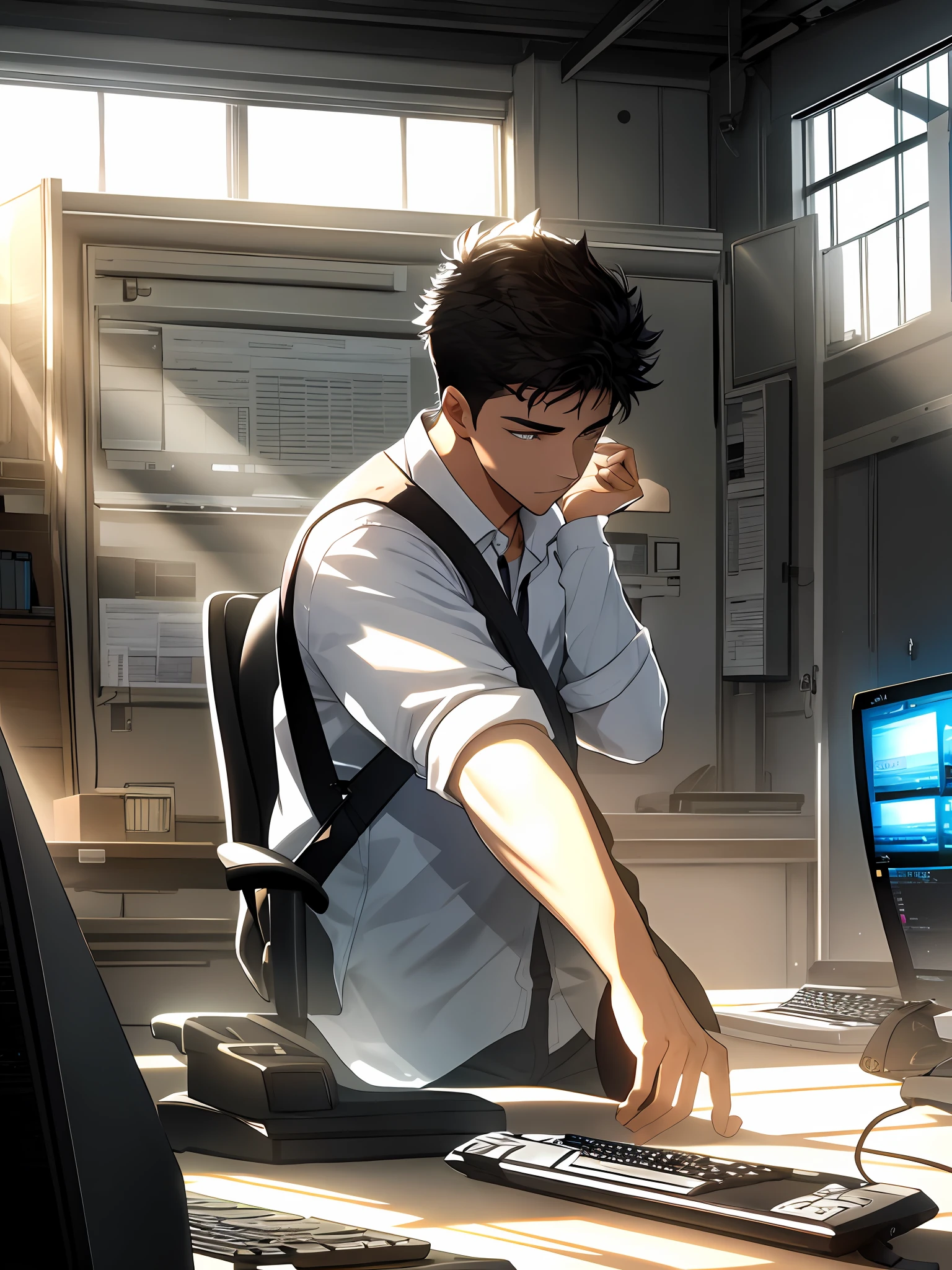 A 25-year-old boy wearing a white shirt and a bright computer screen reflecting his focused gaze. He sat at the table, his fingers tapping nimbly on the keyboard, illuminating the room with sunlight coming in through the window. Busy code and regular tools are scattered on the desktop.