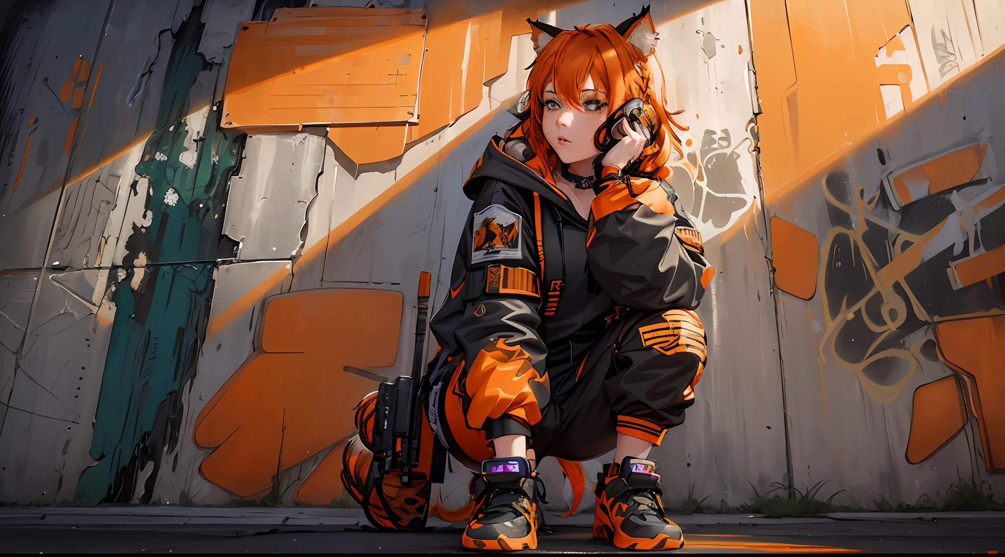 (Masterpiece: 1.2), best quality, (illustration: 1.2), (ultra-detailed), eye focus, (masterfully crafted brightness, pink lens brightness), (cinematic background), hyper details, (delicate detailed), (intricate details), octane render, hdr, (hyperdetailed: 1.15), (color))), (soft light: 1.2), 1girl, (lynx ears: 1.3), (lynx girl), (cat tail: 1.5), beautiful girl, ultra detailed eyes, mature, fat, thick, rainbow paint drops, ink teardrops, woman made of paint, entirely paint, splat, splash, (out), (bob cut: 1.5), (bright eyes: 1.2), ((makeup)), (cinematic masterpiece), fierce, powerful, absolutely attractive splashes of color, (cinematic headlight), (realistic lighting of heels: 1.2), ((caustic)), dynamic angle, beautiful detailed brightness, ambient occlusion, ambient light, raytraced reflections, (better lighting, an extremely delicate and beautiful light), ((cinematic light)), (soft: 2), (whimsical:2) , intricate, vibrant, dreamlike landscape, (graffiti painting:1.3), (bright tail), (painted cityscape), (urban),(realistic urban fashion), (expressive:1.2), fitness, athletic, (mirrored world), (long flowing black hair:1.1), wavy hair, (orange hair highlights),(Cyberpunk Techwear Japanese Streetwear Longline Hoodie),(Cyberpunk Streetwear Kanji Joggers), bright headphones, cap, (graffiti wall), unfinished graffiti, ghetto,(looking at the wall:2),black hoodie, (back wall present),(holding spraycan:1.3), (colored mist), buckles, belts, straps, a girl in front of a graffiti wall, cyberpunk art, (by LAM), Mika Pikazo, graffiti, techwear jacket, black gloves, with buckle and duct tape, (orange hair:2), jumping