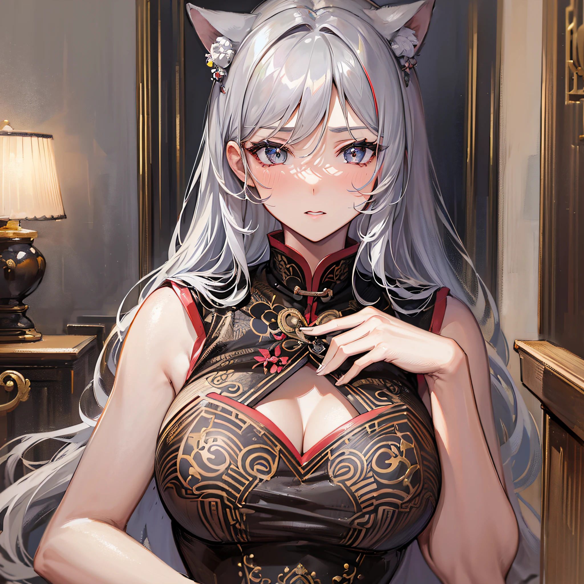 Absolutely beautiful cat lady, brown skin, perfect slim body, mature royal sister, gray hair, royal sister face, cheongsam, sexy and alluring, beautiful face, bust, 4K picture quality, big body, feminine expression, blush shy, large bust, deep eyes