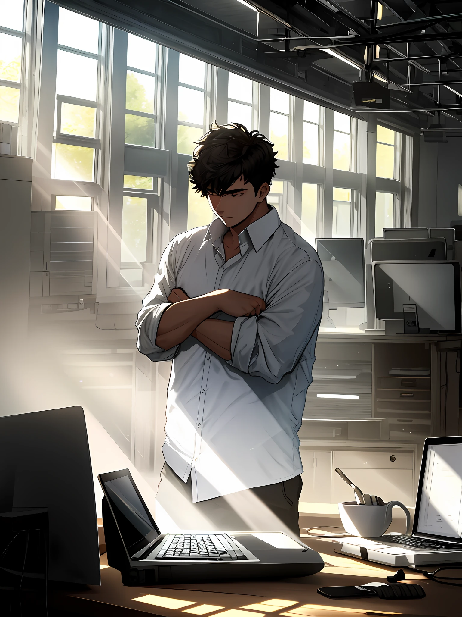 A 25-year-old boy wearing a white shirt and a bright computer screen reflecting his focused gaze. He sat at the table, his fingers tapping nimbly on the keyboard, illuminating the room with sunlight coming in through the window. Busy code and regular tools are scattered on the desktop.