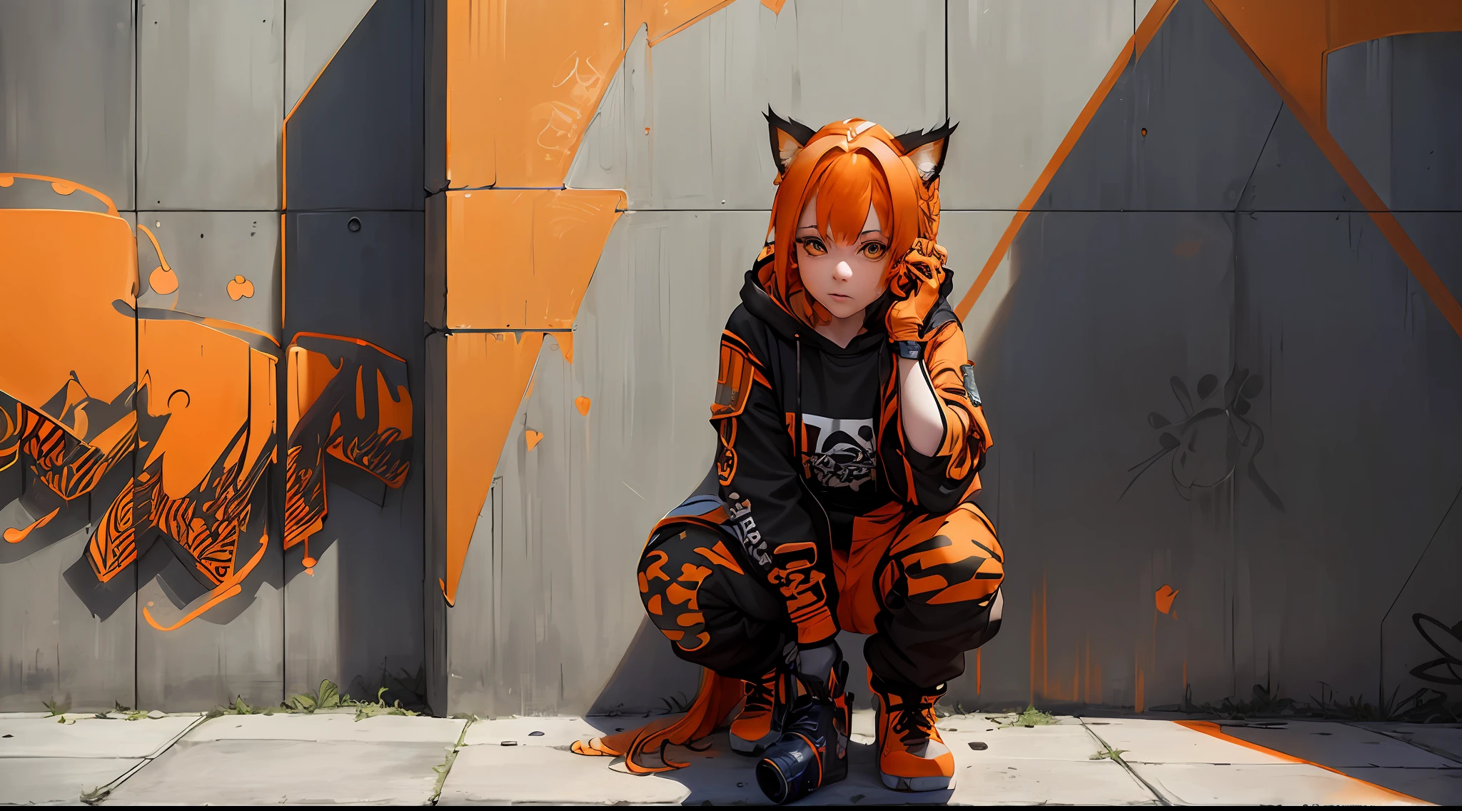 (Masterpiece: 1.2), best quality, (illustration: 1.2), (ultra-detailed), eye focus, (masterfully crafted brightness, pink lens brightness), (cinematic background), hyper details, (delicate detailed), (intricate details), octane render, hdr, (hyperdetailed: 1.15), (color))), (soft light: 1.2), 1girl, (lynx ears: 1.3), (lynx girl), (cat tail: 1.5), beautiful girl, ultra detailed eyes, mature, fat, thick, rainbow paint drops, ink teardrops, woman made of paint, entirely paint, splat, splash, (out), (bob cut: 1.5), (bright eyes: 1.2), ((makeup)), (cinematic masterpiece), fierce, powerful, absolutely attractive splashes of color, (cinematic headlight), (realistic lighting of heels: 1.2), ((caustic)), dynamic angle, beautiful detailed brightness, ambient occlusion, ambient light, raytraced reflections, (better lighting, an extremely delicate and beautiful light), ((cinematic light)), (soft: 2), (whimsical:2) , intricate, vibrant, dreamlike landscape, (graffiti painting:1.3), (bright tail), (painted cityscape), (urban),(realistic urban fashion), (expressive:1.2), fitness, athletic, (mirrored world), (long flowing black hair:1.1), wavy hair, (orange hair highlights),(Cyberpunk Techwear Japanese Streetwear Longline Hoodie),(Cyberpunk Streetwear Kanji Joggers), bright headphones, cap, (graffiti wall), unfinished graffiti, ghetto,(looking at the wall:2),black hoodie, (back wall present),(holding spraycan:1.3), (colored mist), buckles, belts, straps, a girl in front of a graffiti wall, cyberpunk art, (by LAM), Mika Pikazo, graffiti, techwear jacket, black gloves, with buckle and duct tape, (orange hair:2), jumping