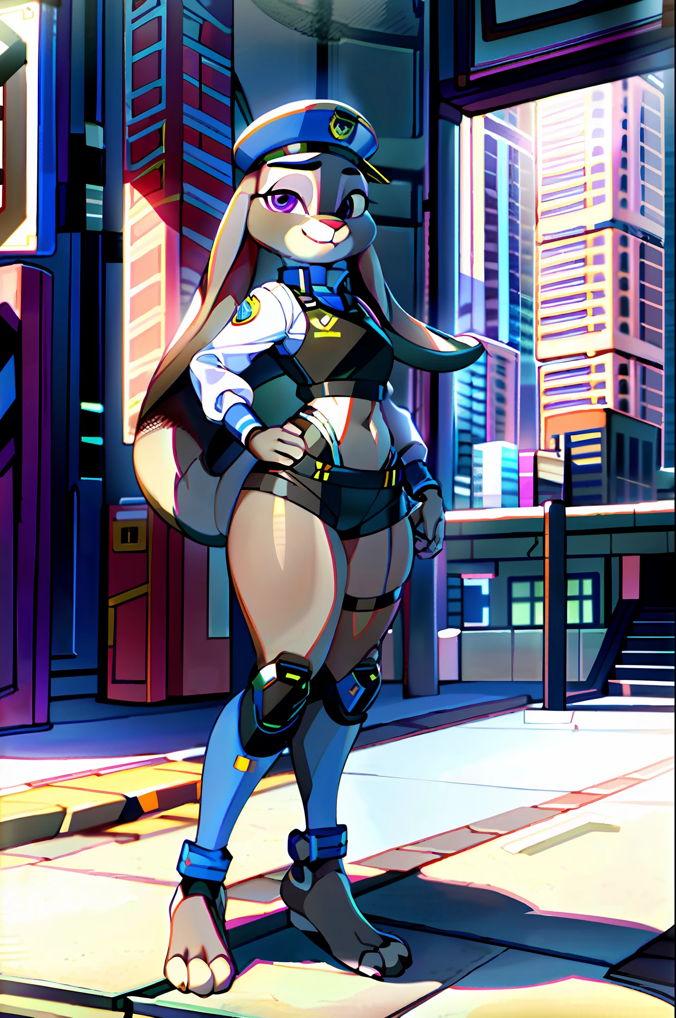 best quality, masterpiece, solo, 1girl, JudyHopps, police uniform, police hat, no pants, long socks, no panties, no pants, no shoes