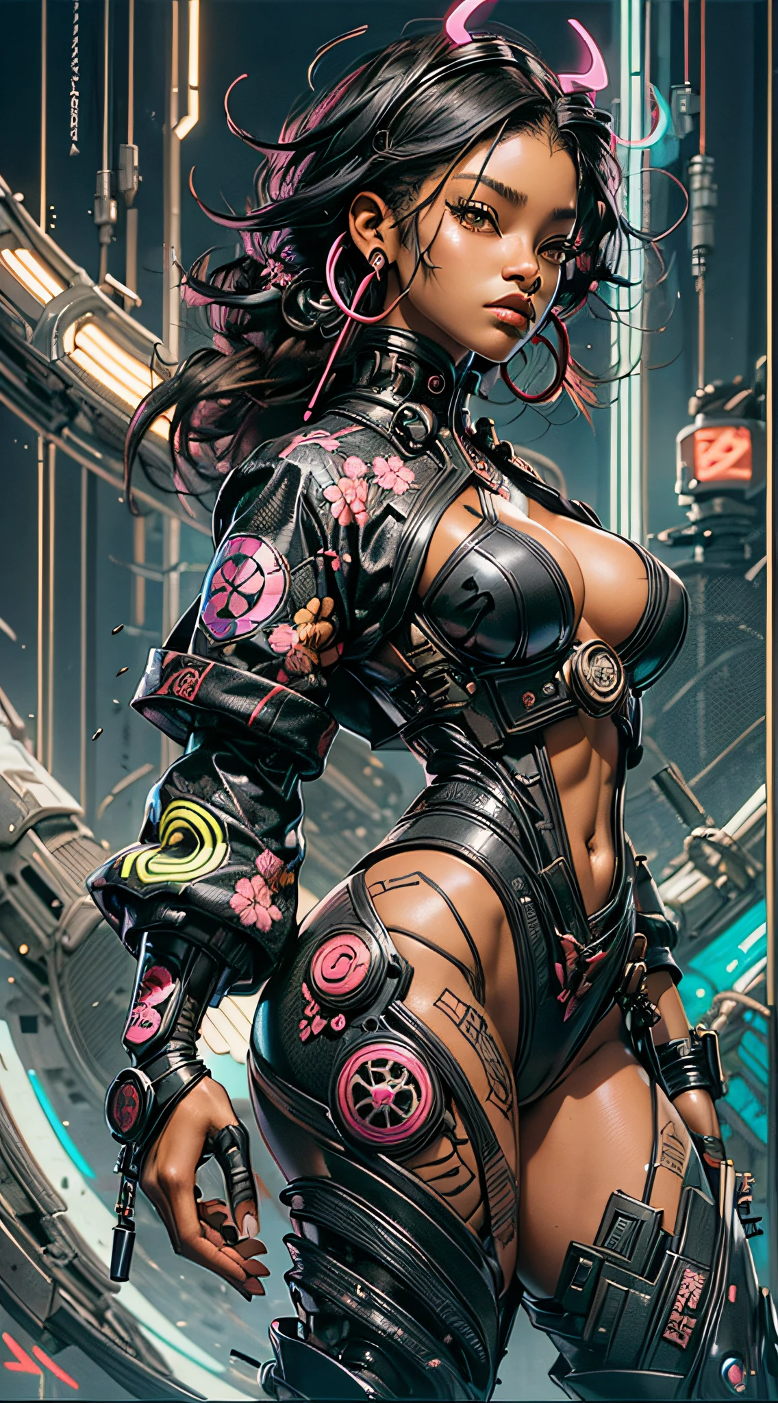 "Beautiful black woman, exuberant and dressed in high-quality Afrosamurai Techwear clothing, in a futuristic and cool setting, with neon lights and contrasting shadows."