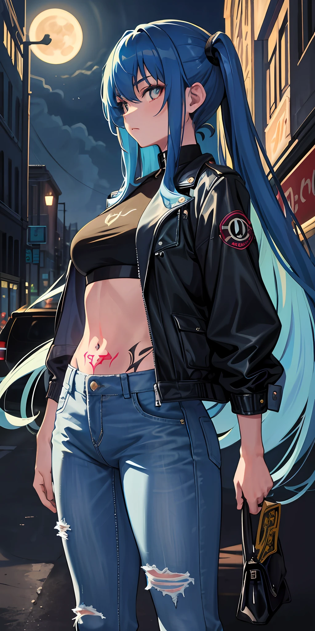 (masterpiece, best quality), 1girl, long hair, blue hair, jacket, tattoos, jeans, night street, moonlight