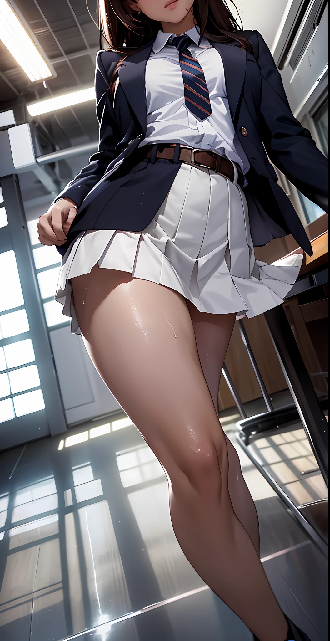professional women's photos, masterpieces, big, 1girl, shiny skin, flirting, from above, (bangs), (sweaty: 1.3), blurring background, photo of a woman 20 years old, mansji, (wet panties with white lace), panty shot, spread legs, skirt, school uniform, socks, dark brown hair, blurry background, knee-high, white shirt, loafers, realistic, lips, Brown eyes, Black socks, Tie, Dark blue pleated skirt, Sideways, Brown footwear, Top quality, Ultra detail, School classroom, Angle from below, Glossy skin, Shiny skin, Sweat on thighs, Long eyes, Beautiful mature face, Seductive eyes, Lifting thighs, Backlit, Navy blue blazer uniform with patches, Bend at the waist, Standing back, Shooting from behind, M legs,