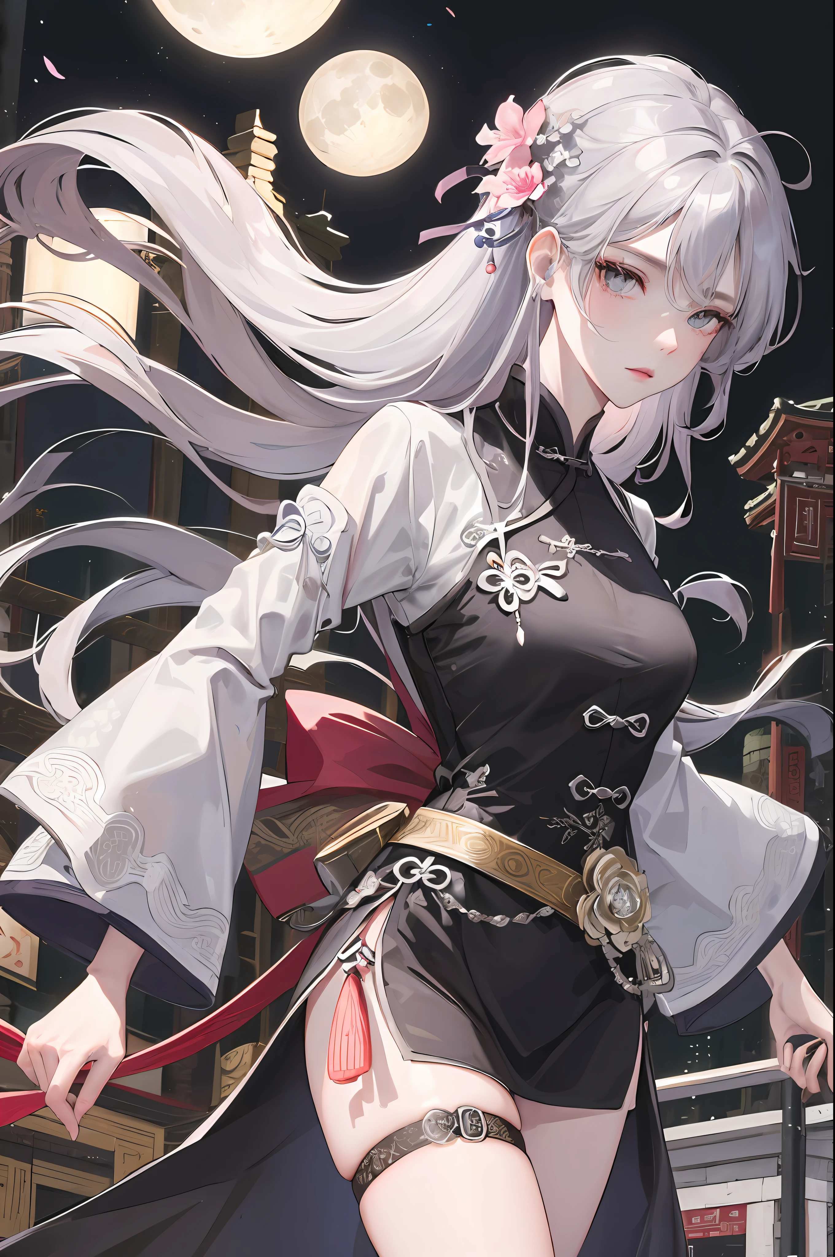 Masterpiece, Best Quality, Night, Full Moon, 1 Girl, Mature Woman, Chinese Style, Ancient China, Sister, Royal Sister, Cold expression, expressionless face, Silver white long haired woman, Light pink lips, Calm, Intellectual, Three belts, Gray pupils, Assassin, Short knife, Flower ball background, Strolling in the street scenery