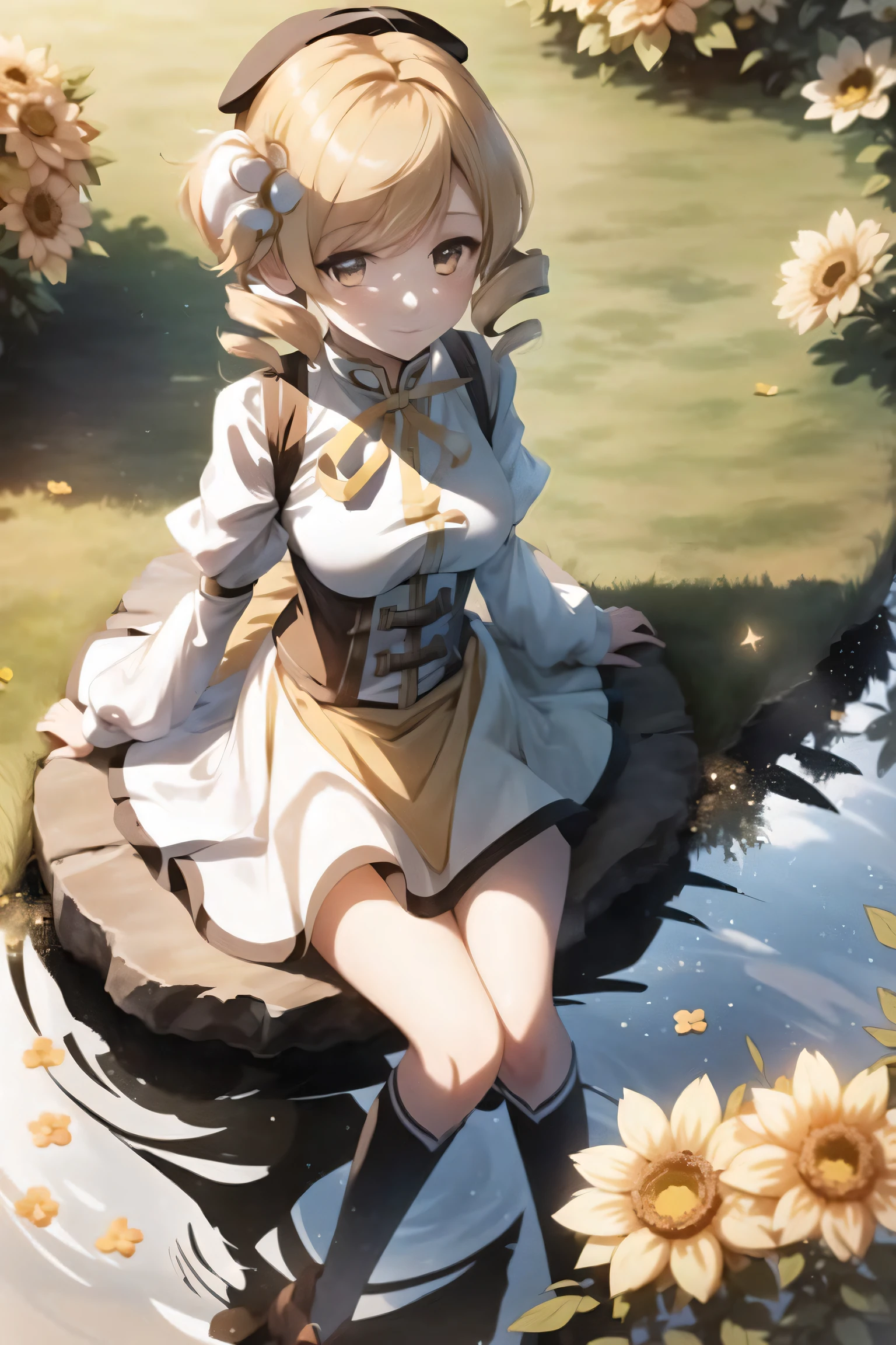 1girl, from_above, solo, Mami Tomoe, (detailed reflective anime style eyes), yellow skirt, golden hour, detailed textures, sitting in a \(field of yellow flowers outdoors\), posing, casual pose, aesthetic, intricate, light rays, sunlight, bokeh, sparkle, shimmer, glitter, sharp focus,