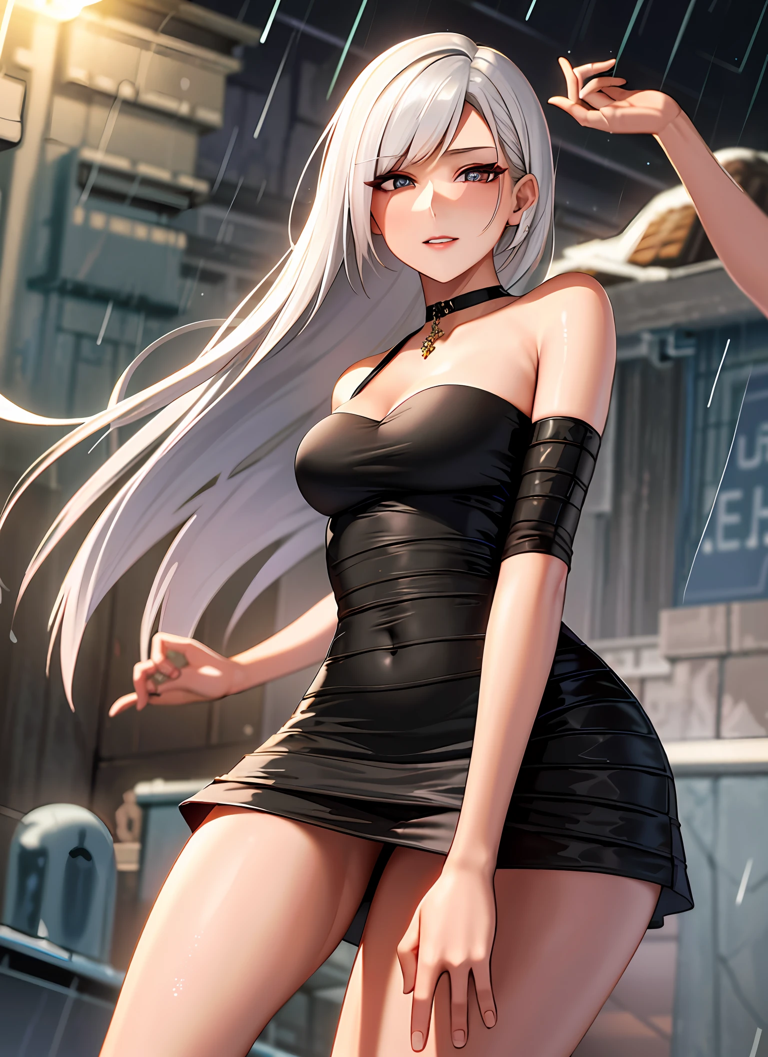 ((Best Quality, 8K, Masterpiece:1.3)), Focus: 1.2, Perfect Body Beauty: 1.4, Buttocks: 1.2, ((Layered Haircut, Breasts: 1.2)), (Wet Clothes: 1.1) , (Rain, Street:1.3), Bandeau Dress: 1.1, Highly Detailed Face and Skin Texture, Delicate Eyes, Double Eyelids, Whitened Skin, Long Hair