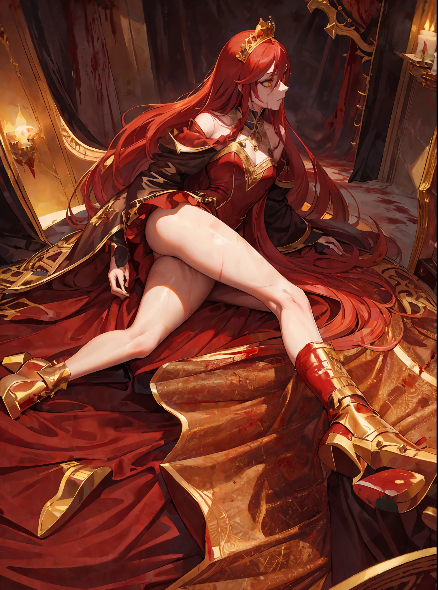 (masterpiece, best quality) an adult woman with very long red hair, ((evil)), short dress, ((golden dress)), black bows, ((crown)), ((queen)), long stockings, ((sequins)), ((shine)), bare legs, ((blood)), palace, braids, good anatomy, correct proportions, heels, profile, queen, yellow eyes, serious, mysterious appearance, blood, emotionless, straight bangs, very long red hair, evil, (yellow eyes), gothic, medium chest, ((blood-stained skin)), cinematics, color oil painting, ((solo)), cinematic lighting, extremely detailed face, finely detailed face, beautiful face, beautiful eyes, perfect lighting, depth of field, realistic proportions, ((good anatomy)), long coat