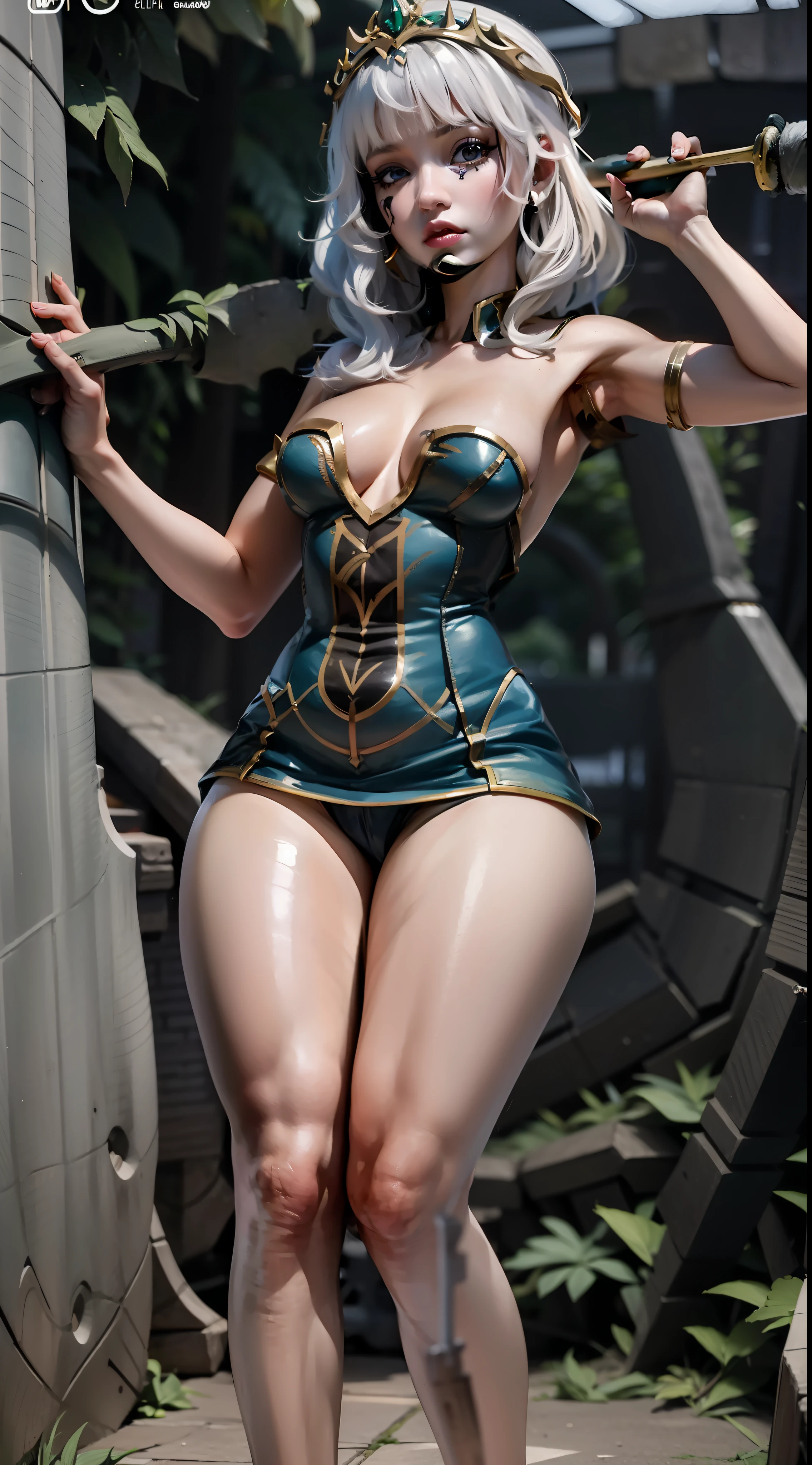 girl, adult, ((qiyana)), ((league of legends)), shoulder-length white hair, yellow eyes, cheeky look, white lace underwear basement, arms and legs in chains, big tits, embarrassed, scratches and bruises all over her body, the girl is very beautiful, the basement is gloomy, detailed face, detailed hands, detailed legs, detailed fingers, detailed hair, detailed eyes, detailed skin, dynamic lighting