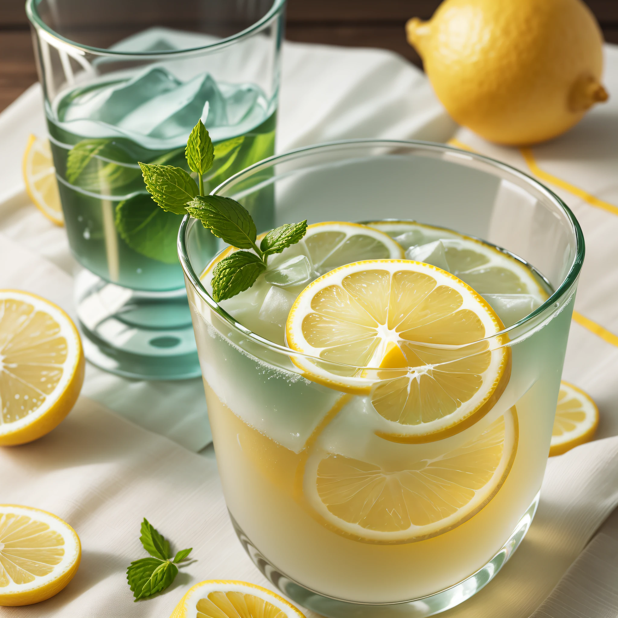 Pale yellow tablecloth, transparent glacier cup, yellow lemon slices soaked in water, mint and a straw inserted in the top of the cup, and half a lemon next to the cup, realistic --auto --s2