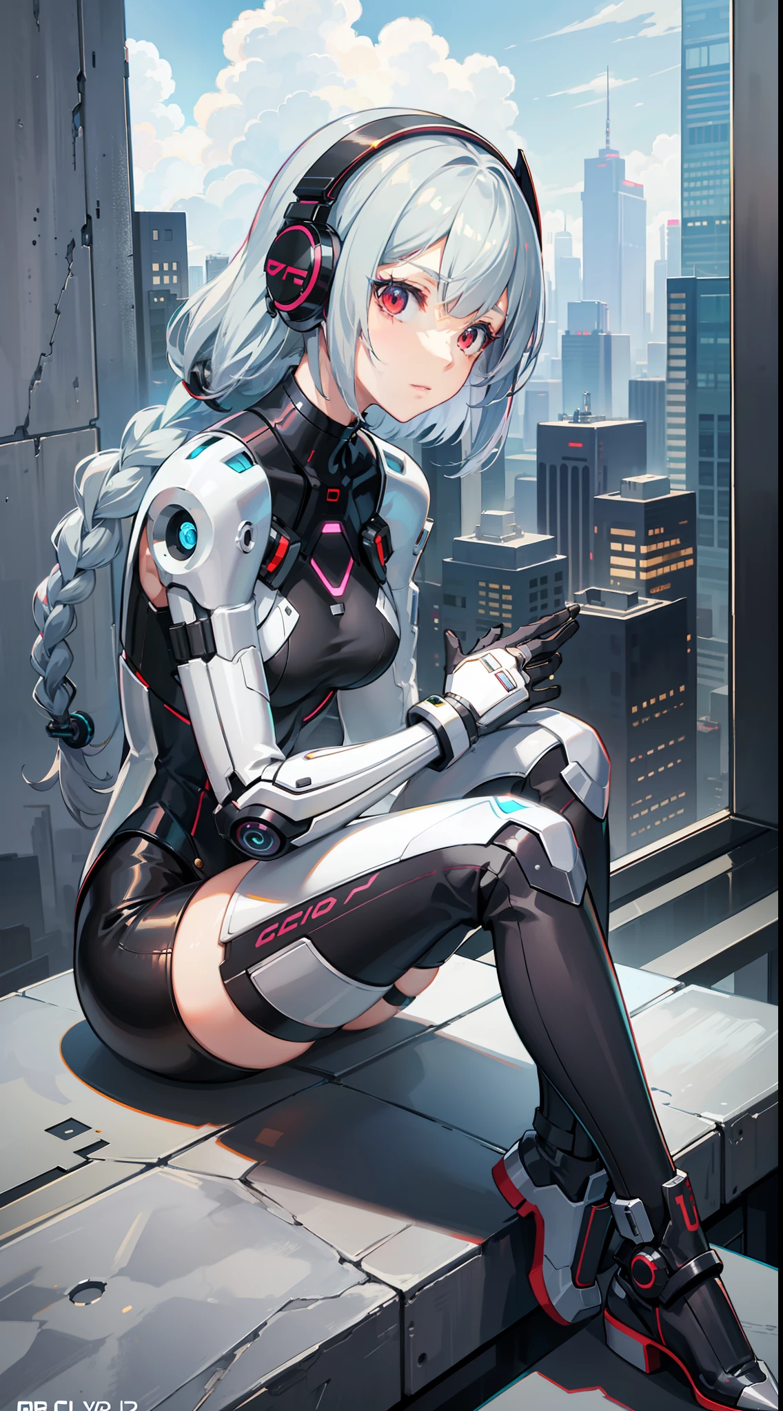 Overlooking the city, full body of 1 girl, android, gynoid, mecha girl, headphones, sphere joint, silver hair, red eyes, bob cut, braid, sitting, concept art, beautiful anime scene, beautiful anime scenery, top rating on pixiv, top quality, 4K