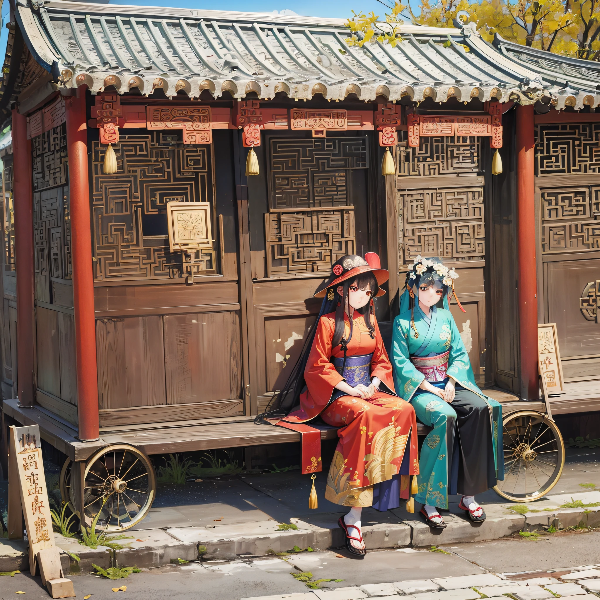 Three people sitting in a birdcage carriage, Chinese artist, in the Forbidden City, Beijing, dressed in ancient street clothes, with a Chinese temple, with ancient Chinese clothes, Chinese people in prison, Alex and his friends dressed in dirty road clothes, tourist photo inspired by Huang Binhong, Cheng Zhengkui --auto --s2