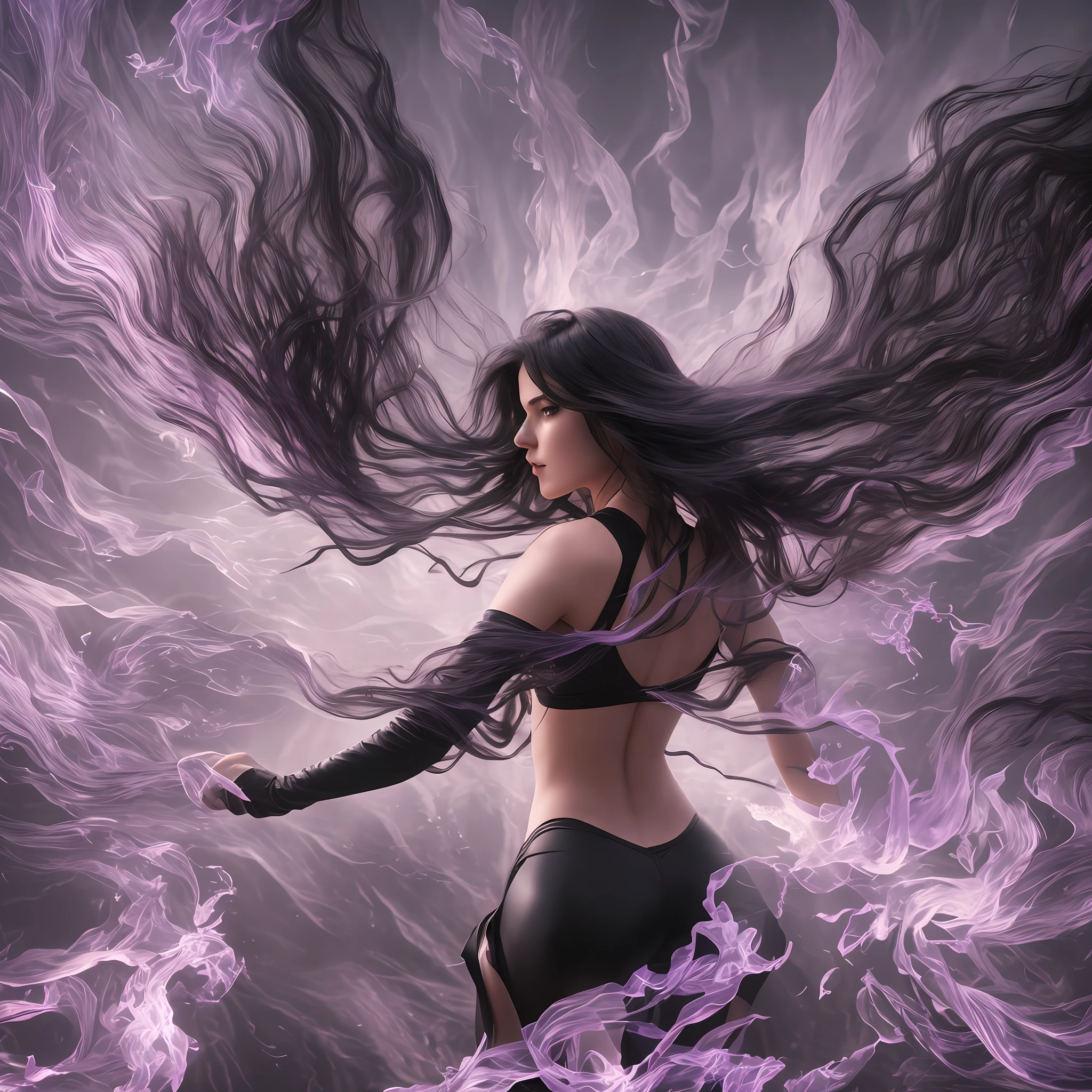 Woman walking on her back through a black foil, with fog and shadows, wavy and long black hair, high quality, ultra-detailed, 8k, masterpiece, (volumetric lighting), black magic, fanciful, lilac colors, purple, shadows and vivid on the woman's back, dark and dark --auto --s2
