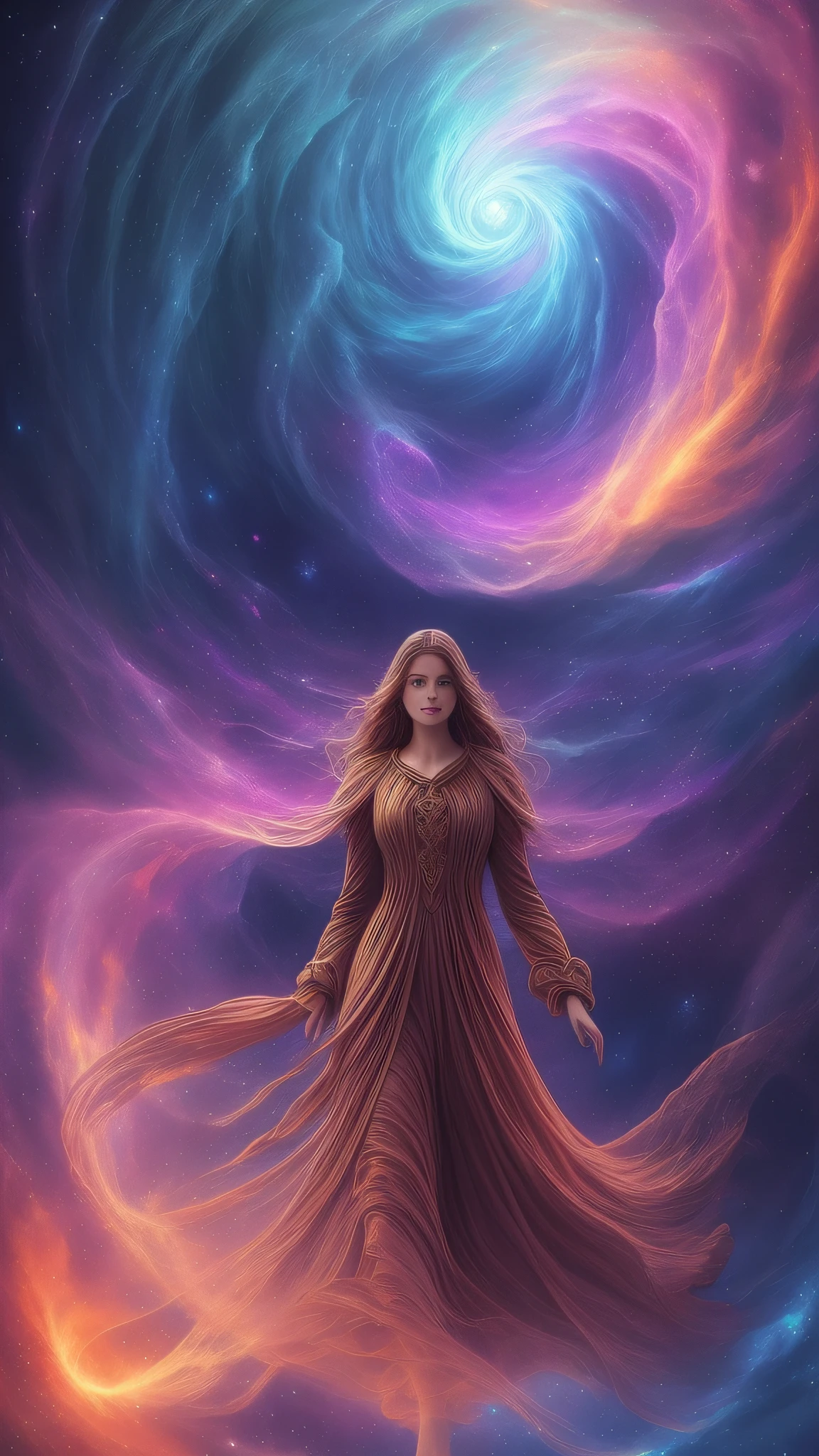 inconceivable and spectacular a scene of emergence of a figure from the glowing cloud, fractal nebula threads, cosmic entities, celestial, cosmic, vibrant and vivid, swirls, twirling, unrealistic, high contrast, symobolism, magical, mystical, mystifying, hyperrealistic, oversaturate, colorfully