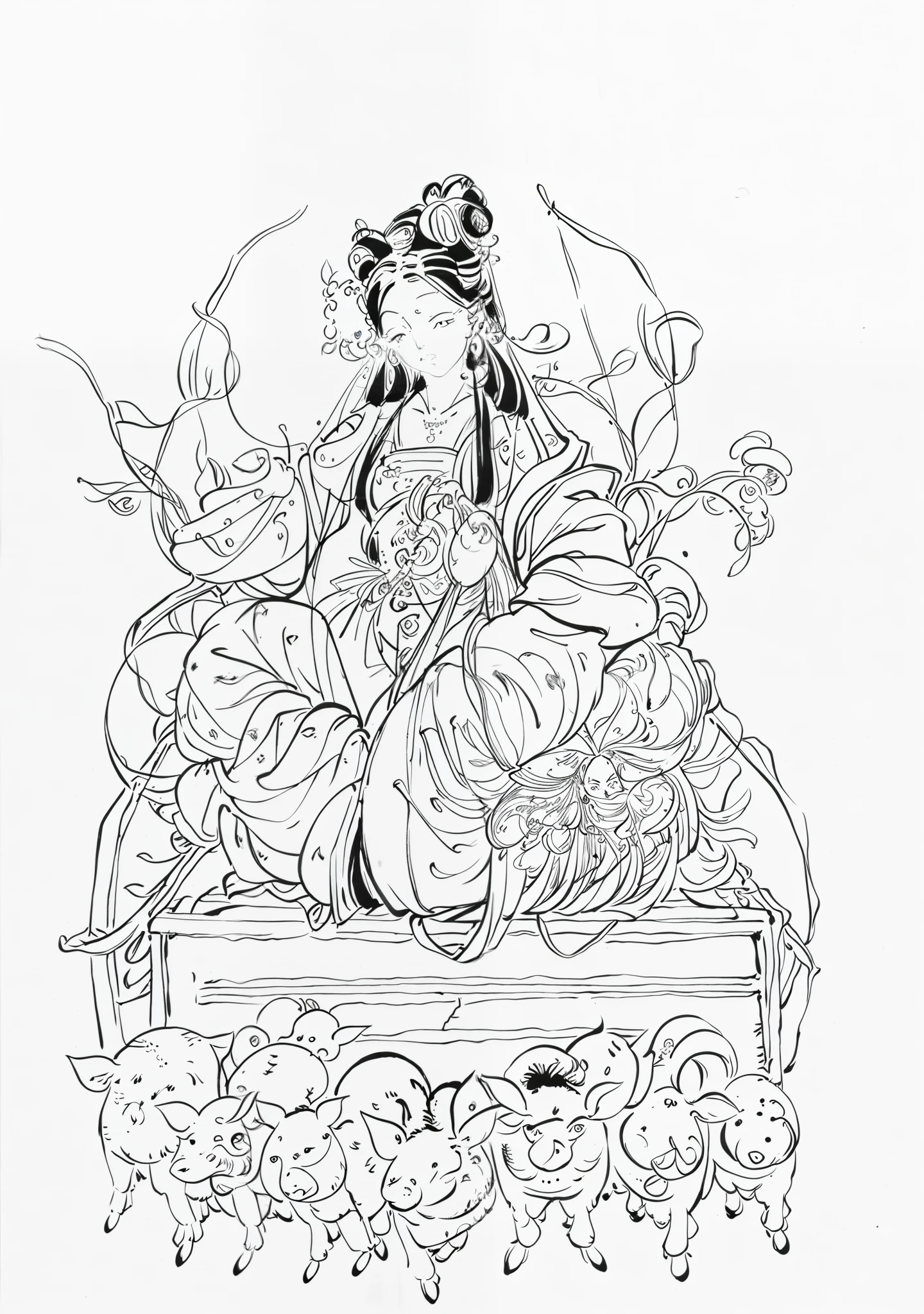 A painting of a woman sitting on a wooden cart, with three heads and eight arms, with a pig, a goddess. Vivid colors, extremely high detail, inspired by Shoda Tahara, Bodhisattva, Line Art, Extremely Detailed Goddess Shots, Indian Goddess of Wealth, Line Art, Charming Male Goddess, Ancient Chinese Goddess, Coloring Page, Line Art Illustration, Line Drawing, Full Page Illustration.