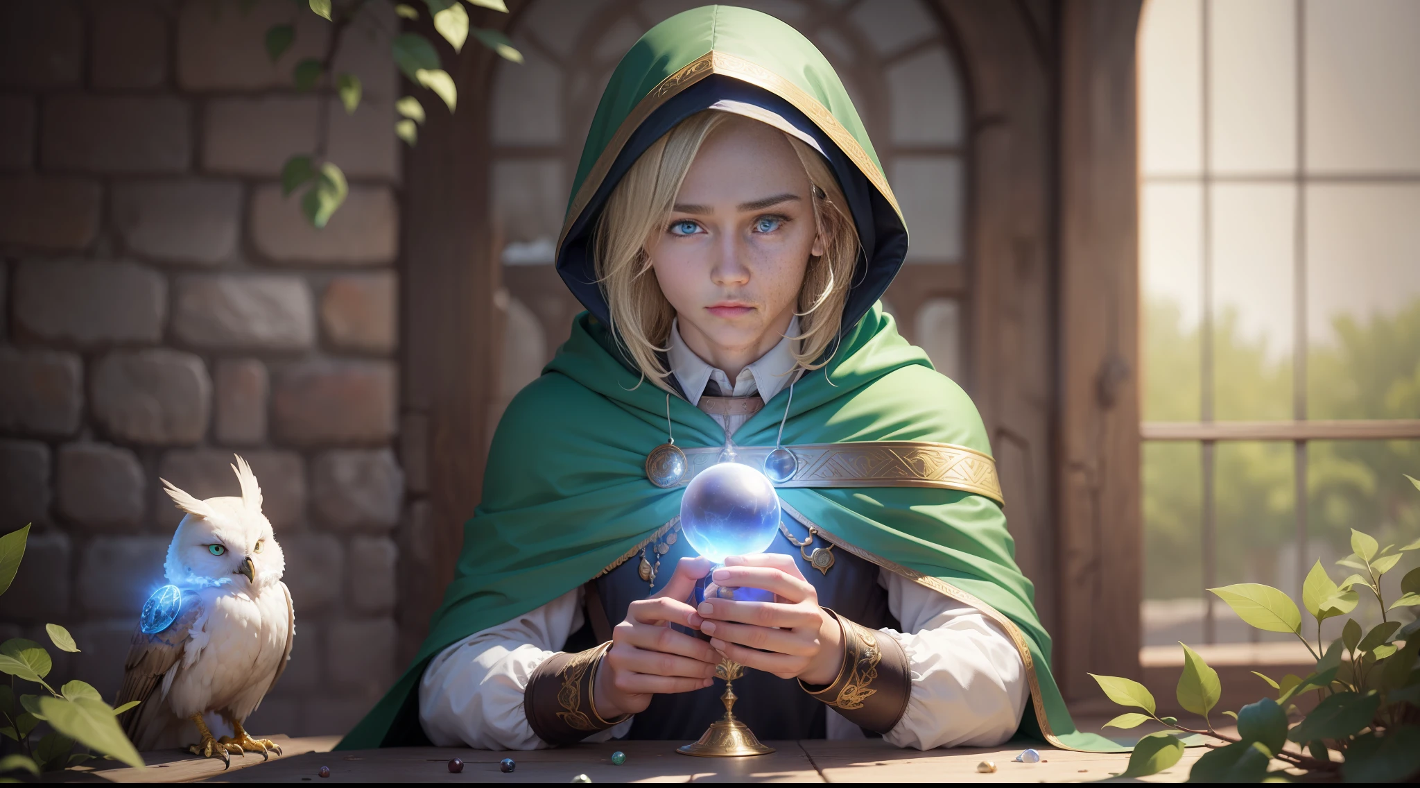 A young wizard, , with blond hair, short hair, straight, green eyes, shy, ((high quality)), (masterpiece), (man 1:33, solo) wearing hooded cape, holding a luminous crystal ball, masculine features, medieval clothes, has a white owl in his obro, white owl, the magician has a magic flute, magic flute, beautiful garden, realistic, 8k, UHD