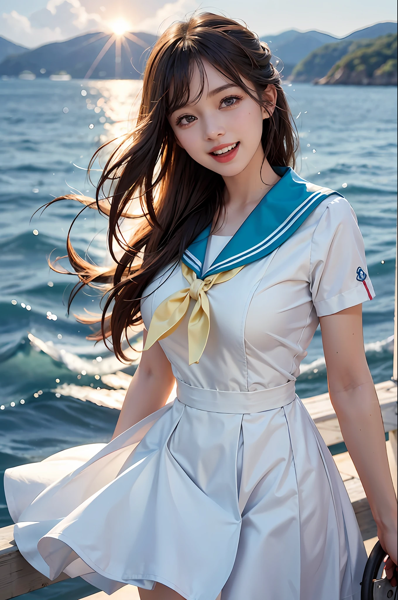 1 girl,, (huge laughter), sweet, sun glare, spring beauty, conservative dress, sailor suit, bokeh, depth of field, blurred background, light particles, strong wind, head tilt, cruise ship, cabin, sea surface, lifebuoy