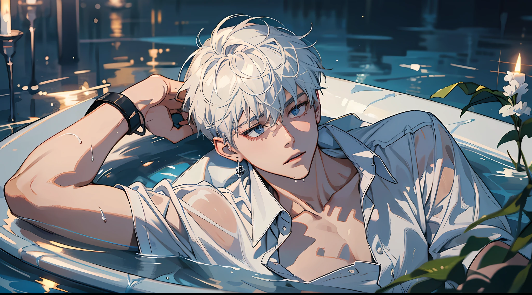 1boy, boy, teenager, young man, physically based rendering, professional lighting, extreme detail, white shirt, bouquet, cross earrings, lying on water, high brightness, refreshing, soft light, ((single))), (solo), lying down, wet, transparent shirt