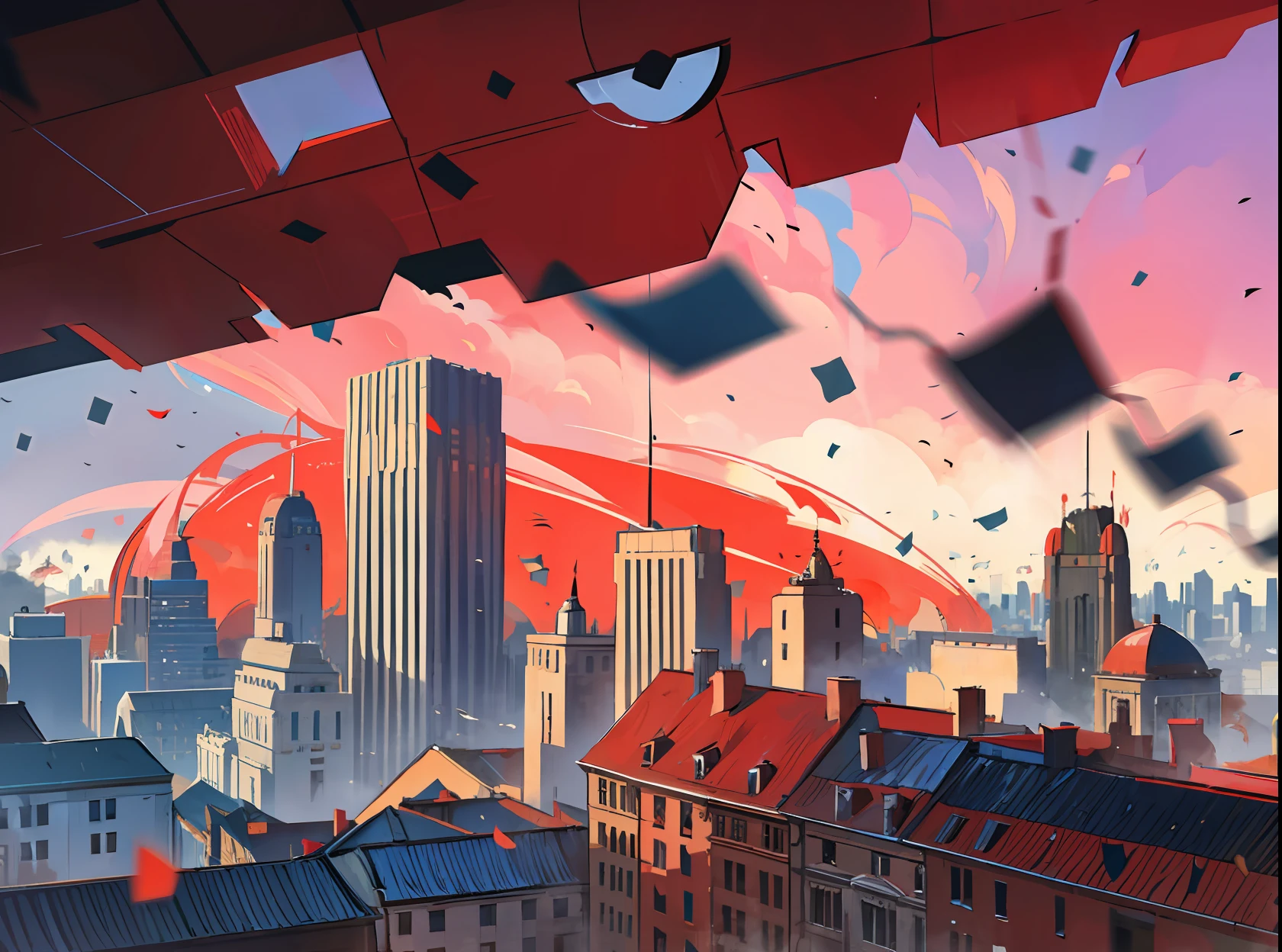 Red power in straight cylindrical shape falling from the sky, red power, falling in the city, falling in the middle of the city, angle from above, view from above, great red power, gust