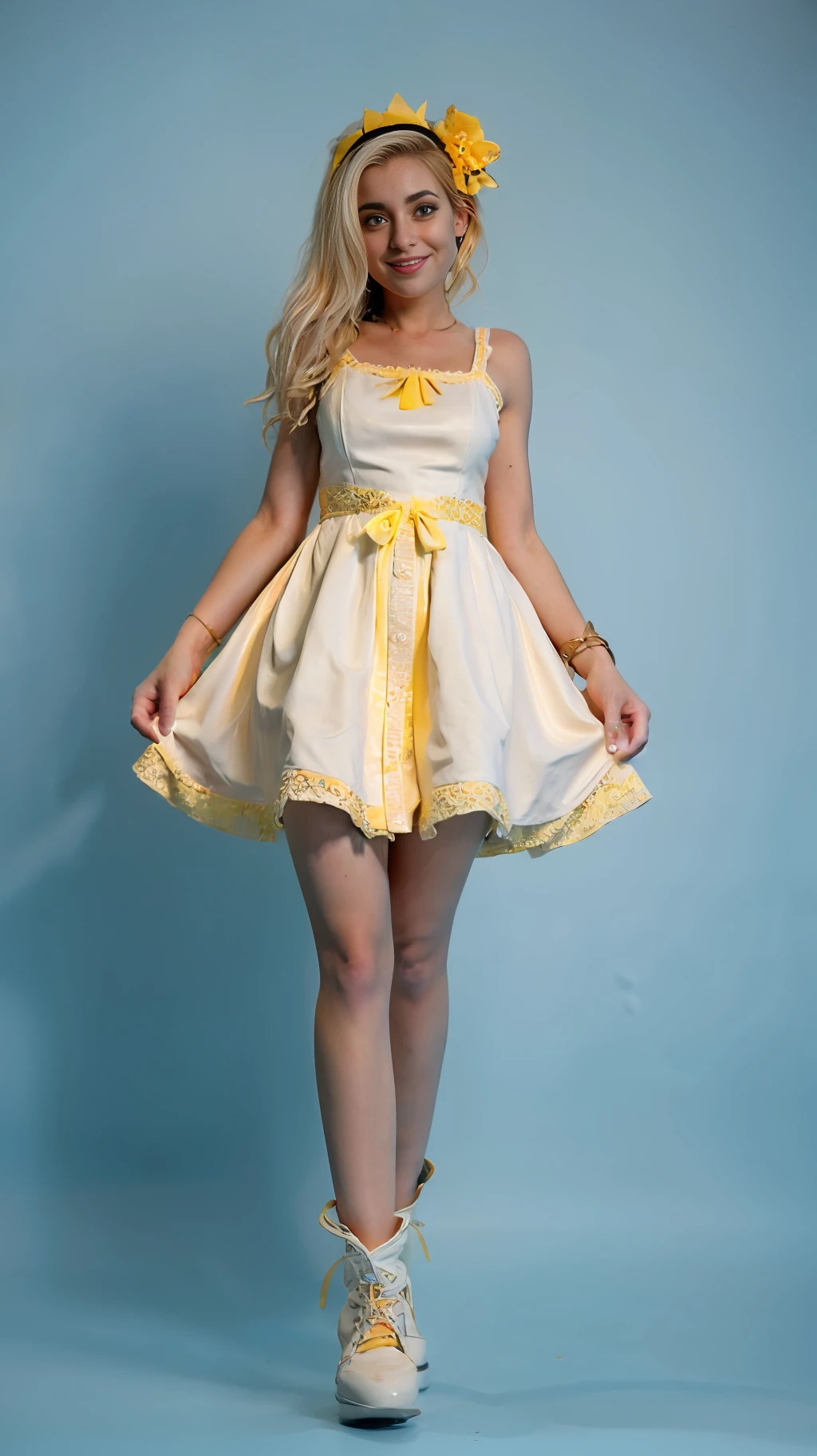 Mature woman, smiling, cute, cityscape, daytime, bluish color, moist, professional lighting, photon mapping, a white, a yellow dress and boots on a white background, yellow cut dress, lolita dress, classical witch robe, gothic clothing,