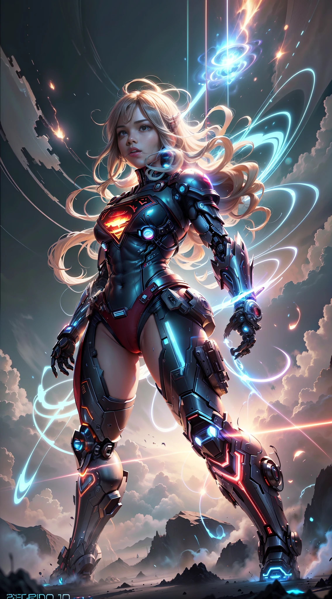 ((Best quality)), ((Supergirl's masterpiece)), (highly detailed:1.3), 3D, beautiful, (cyberpunk:1.2), in space, nebulous, holding_weapon, laser, (1Female Mecha:1.3), sexy body, facing the audience, bright blue eyes, full body, blonde, (flying, descending, dynamic, motion blur: 1.4), (huge wings of wicks: 1.6), looking up, glowing_eyes, mecha, panorama, background is earth, nebula, space, particles, Reality, HDR (High Dynamic Range), Ray Tracing, NVIDIA RTX, Super Resolution, Unreal 5, Subsurface Scattering, PBR Textures, Post-Processing, Anisotropic Filtering, Depth of Field, Maximum Clarity and Clarity, Multilayer Textures, Albedo and Specular Maps, Surface Shading, Accurate Simulation of Light-Material Interaction, Perfect Proportions, Octane Render, Two-Tone Lighting, Large Aperture, Low ISO, white balance, rule of thirds, 8K RAW, efficient sub-pixel, sub-pixel volume product, (best quality), (Japanese: 0.5), (Korean: 0.8), (Liu Yi Fei: 1.5) long hair, (big chest: 1.2) wearing superman's S on the chest. --auto --s2