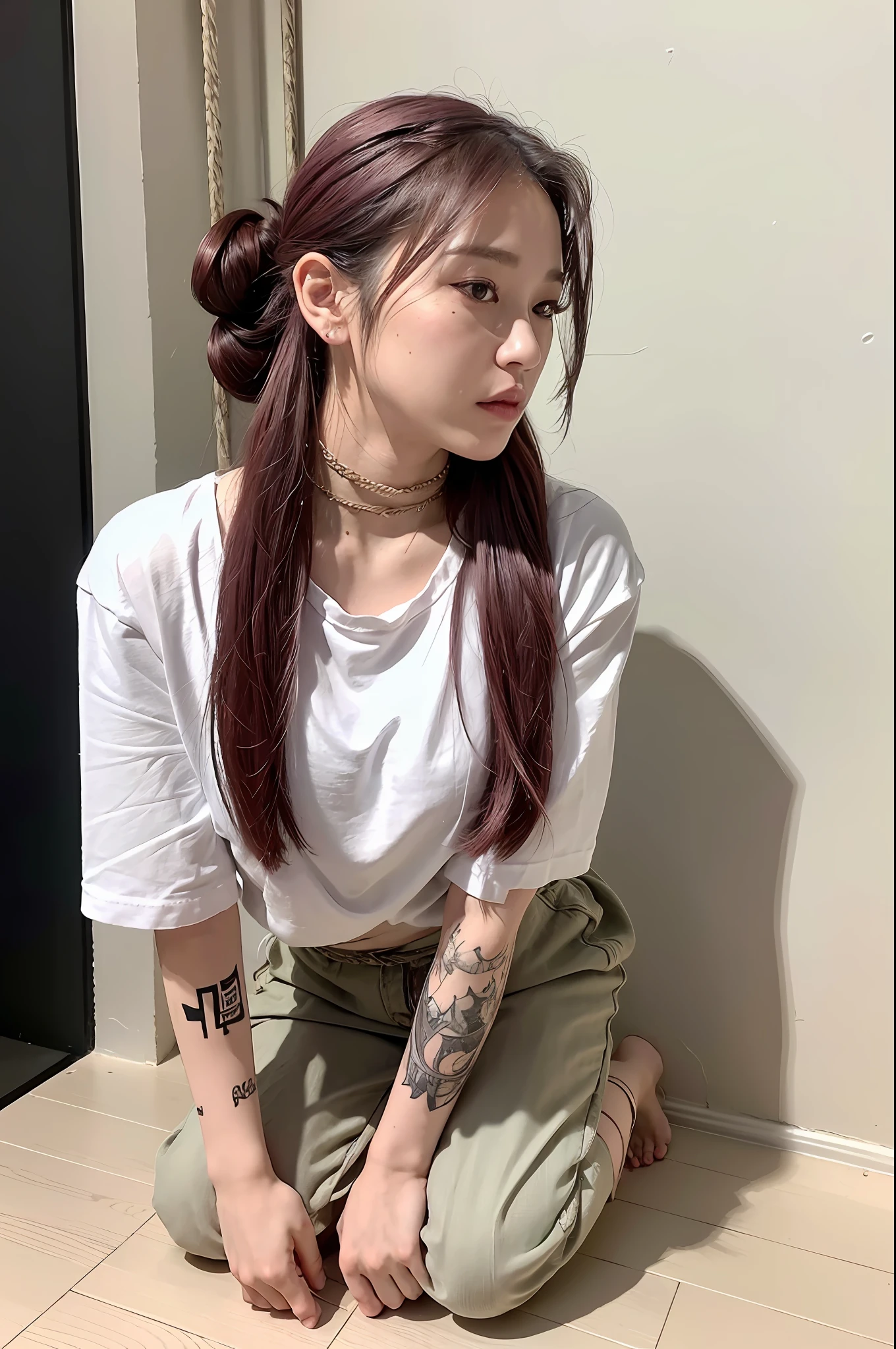 (8k:1.27), best quality, masterpiece, ultra highres:1.2), lesbian delinquent girl with dyed hair andnarm tattoos, tattooed girl, full body picture, dirty old white oversized knotted prisoner t-shirt, dirty big t-shirt, short big sleeves, beige prisoner pants tied with a rope, wearing dirty old goth clothes, long pink hair pulled back and messy bun, kneeling in a prison cell next to a noose, handcuffed, hands tied with rope behind body, submissive neck choker and checkered keffiyeh scarf in neck, 4k or 8k picture, looking at the floor down very sad, very sad face, praying, paisley bandana pirate style headscarf, smelly, barefoot, rope noose hanging from ceiling, tattooed body, noose rope hanging