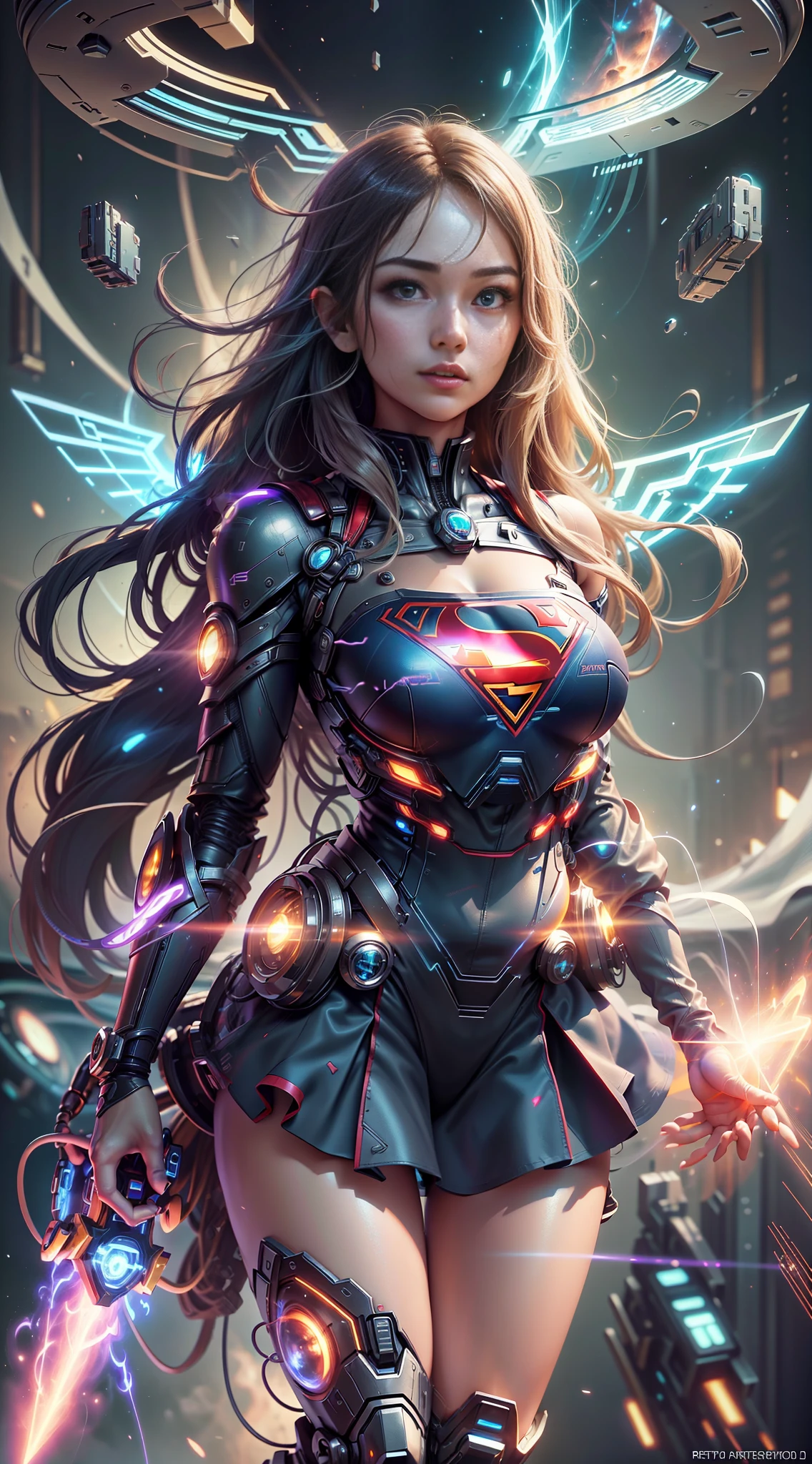 ((Best quality)), ((Supergirl's masterpiece)), (highly detailed:1.3), 3D, beautiful, (cyberpunk:1.2), in space, nebulous, holding_weapon, laser, (1Female Mecha:1.3), sexy body, facing the audience, bright blue eyes, full body, blonde, (flying, descending, dynamic, motion blur: 1.4), (huge wings of wicks: 1.6), looking up, glowing_eyes, mecha, panorama, background is earth, nebula, space, particles, Reality, HDR (High Dynamic Range), Ray Tracing, NVIDIA RTX, Super Resolution, Unreal 5, Subsurface Scattering, PBR Textures, Post-Processing, Anisotropic Filtering, Depth of Field, Maximum Clarity and Clarity, Multilayer Textures, Albedo and Specular Maps, Surface Shading, Accurate Simulation of Light-Material Interaction, Perfect Proportions, Octane Render, Two-Tone Lighting, Large Aperture, Low ISO, white balance, rule of thirds, 8K RAW, efficient sub-pixel, sub-pixel volume product, (best quality), (Japanese: 0.5), (Korean: 0.8), (Liu Yi Fei: 1.5) long hair, (big chest: 1.2) wearing superman's S on the chest. --auto --s2