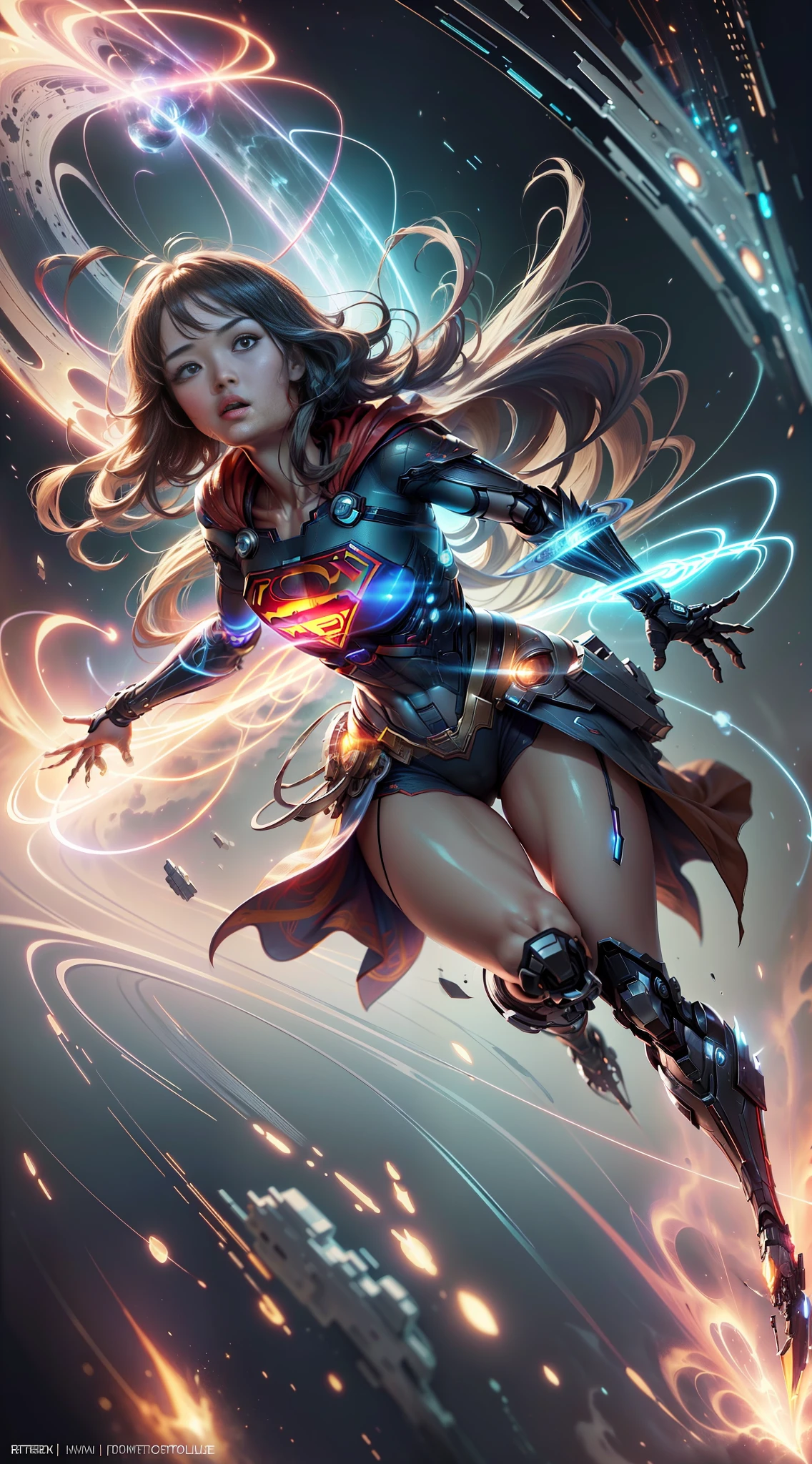 ((Best quality)), ((Supergirl's masterpiece)), (highly detailed:1.3), 3D, beautiful, (cyberpunk:1.2), in space, nebulous, holding_weapon, laser, (1Female Mecha:1.3), sexy body, facing the audience, bright blue eyes, full body, blonde, (flying, descending, dynamic, motion blur: 1.4), (huge wings of wicks: 1.6), looking up, glowing_eyes, mecha, panorama, background is earth, nebula, space, particles, Reality, HDR (High Dynamic Range), Ray Tracing, NVIDIA RTX, Super Resolution, Unreal 5, Subsurface Scattering, PBR Textures, Post-Processing, Anisotropic Filtering, Depth of Field, Maximum Clarity and Clarity, Multilayer Textures, Albedo and Specular Maps, Surface Shading, Accurate Simulation of Light-Material Interaction, Perfect Proportions, Octane Render, Two-Tone Lighting, Large Aperture, Low ISO, white balance, rule of thirds, 8K RAW, efficient sub-pixel, sub-pixel volume product, (best quality), (Japanese: 0.5), (Korean: 0.8), (Liu Yi Fei: 1.5) long hair, (big chest: 1.2) wearing superman's S on the chest. --auto --s2