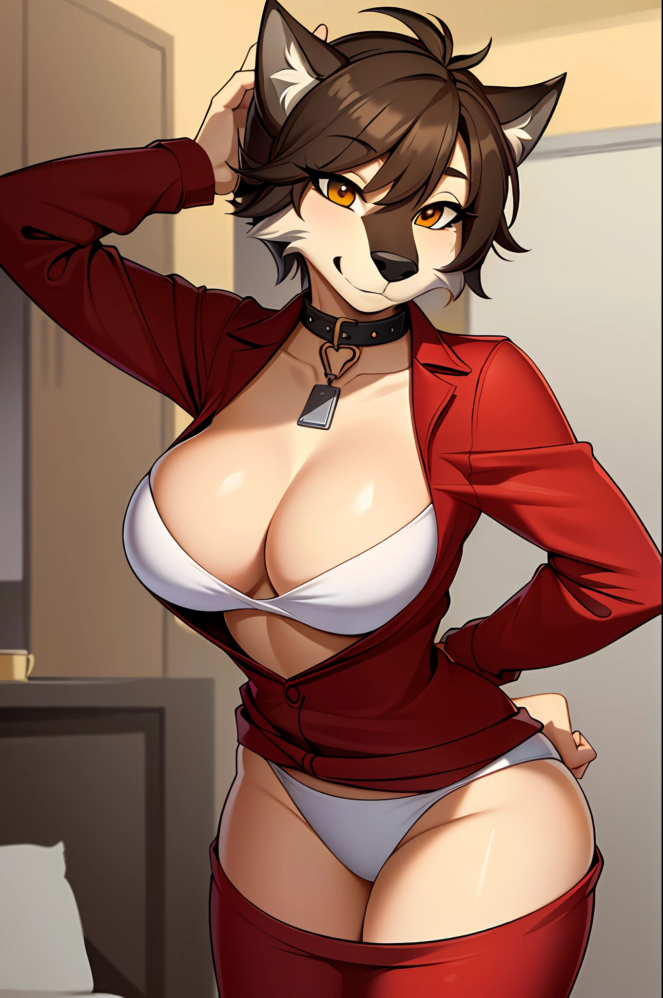 ((masterpiece, best quality)), (Anthro Furry:1.3, Muzzle:1.2, Anthro:1.3, Furry:1.2, Closeup:1.2, Women's Solo:1.2, Neckline, Leaning Forward, Smile, Red), No Blouse, Sweatpants,Transparent Blouse,Back Showing Butt,Cute Panties