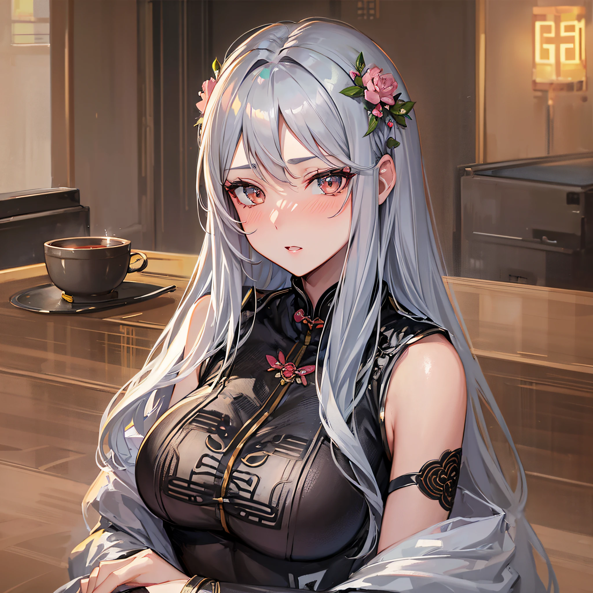 Absolutely beautiful cat lady, brown skin, perfect slim body, mature royal sister, gray hair, royal sister face, cheongsam, sexy and alluring, beautiful face, bust, 4K picture quality, big body, feminine expression, blush shy, large bust, deep eyes