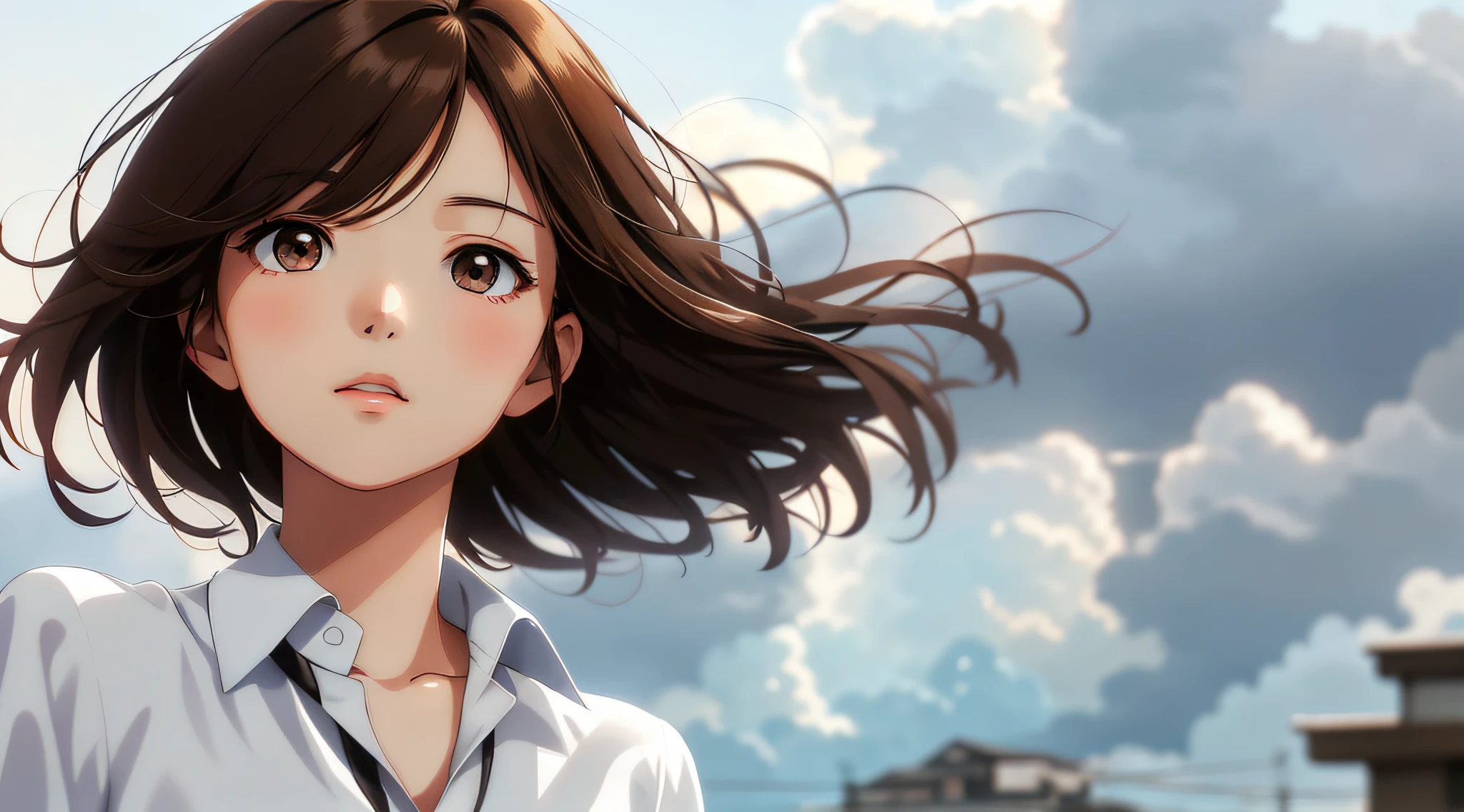 Very detailed and precise anime style illustration, very beautiful young woman, face close-up, brown short hair, wearing a white shirt, perfect round gray eyes, looking up to the heavens and eyes open, the background is fantastic gray bad weather sky and clouds, windy, very strong backlight, fantastic scene.